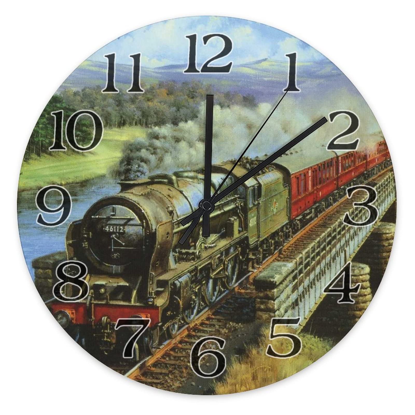 Byron Hoyle Old Train Clock Farmhouse Clock Wooden Wall Clock 10 Inch Wall Clock Battery Operated Farmhouse Wall Decor Home Decor For Kitchen,Living Room,Bedroom,Office