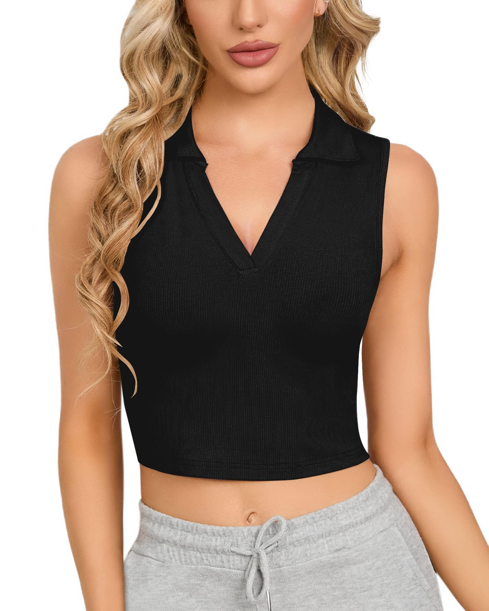 Photo 1 of CLOZOZ Womens Tank Tops Polo Crop Top V Neck Ribbed Sleeveless Tops Collar Shirts Womens Crop Tops Polo Cropped Tank Trendy Black