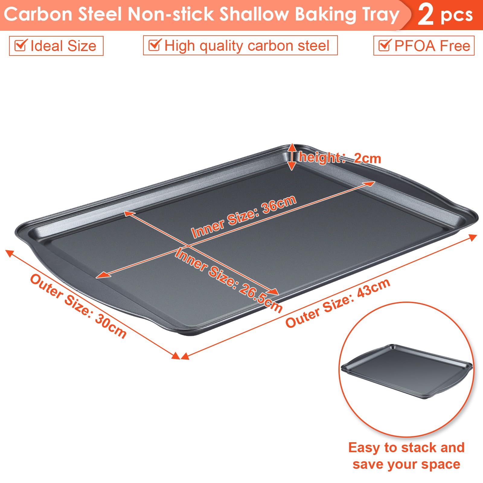 BEWOS Bandeja de horno de acero al carbono de 2 piezas con asa, 43,5 x 30 x 2 cm, bandejas de horno antiadherentes, bandejas grandes para horno, aptas para lavavajillas y fáciles de limpiar, juego de