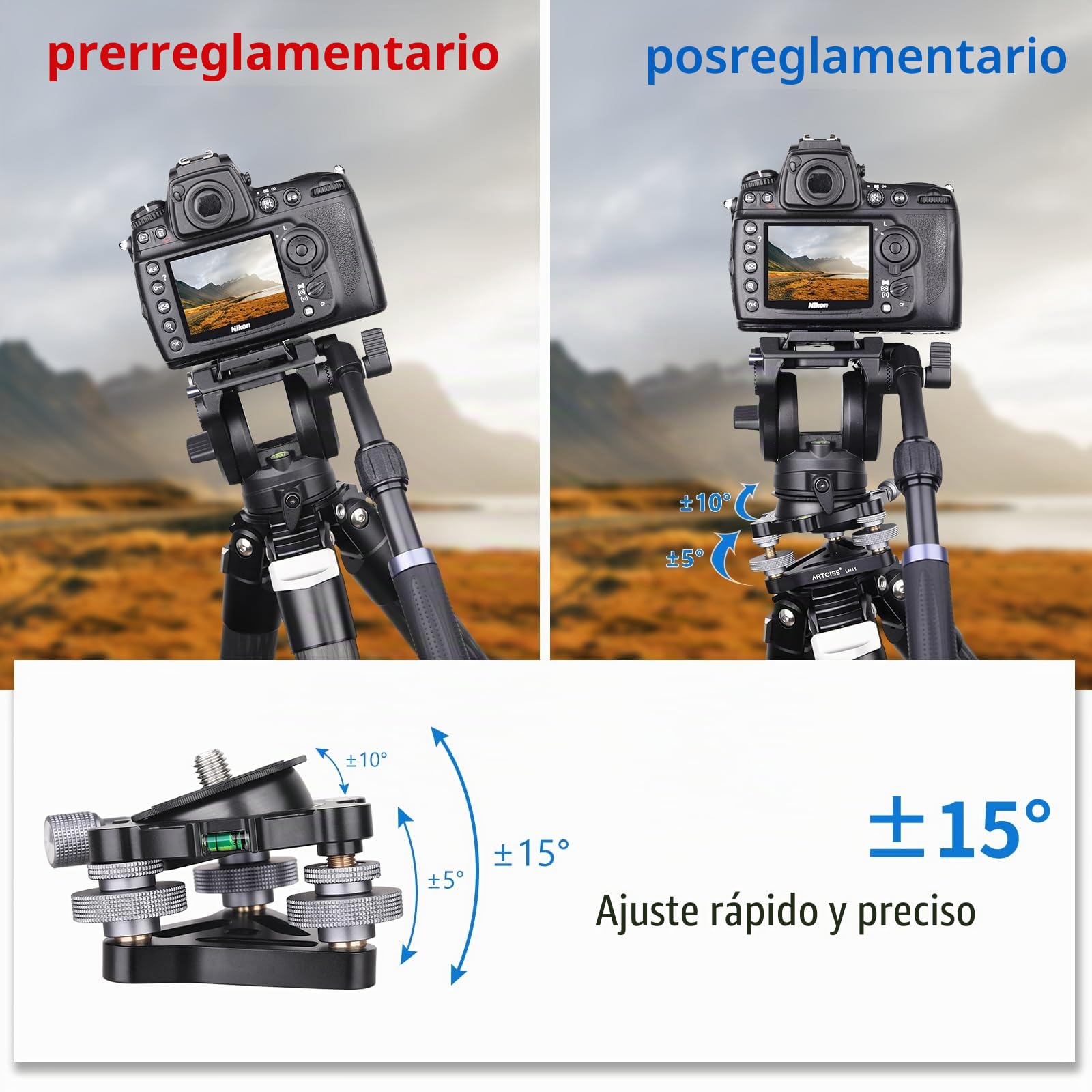Base de nivelación de Tres Patas con diámetro ∅85 mm, Placa de Cabeza de trípode Ajustable -15°/+15° de inclinación, con 3 Niveles de Burbuja y 3 Ruedas/Ajuste panorámico de precisión de -5 Grados