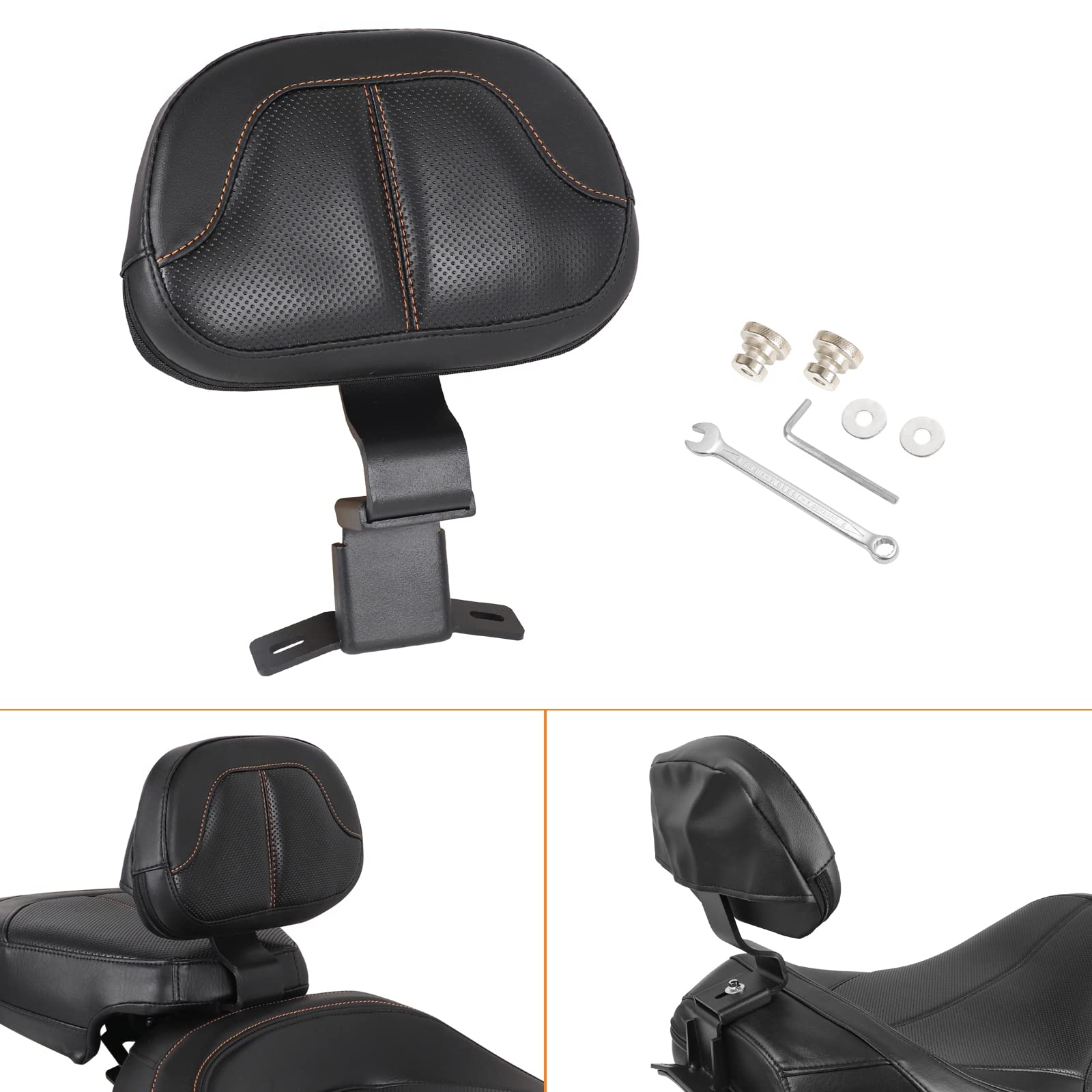 AUFER Black Front Driver Rider Backrest With Bakcrest Pad Compatible With For Touring CVO Street Glide Road King Road Glide Electra Glide Ultra Limited 2009-2024,Orange Stitching