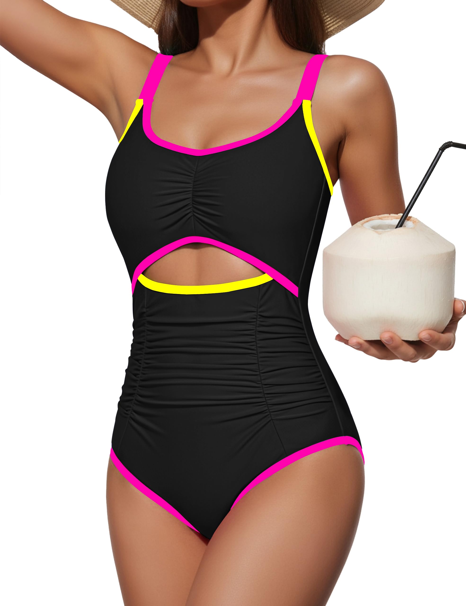 BMJL Womens One Piece Swimsuit Tummy Control Bathing Suit Slimming Color Block Cute Swim Suits Ruched Swimwear 2026