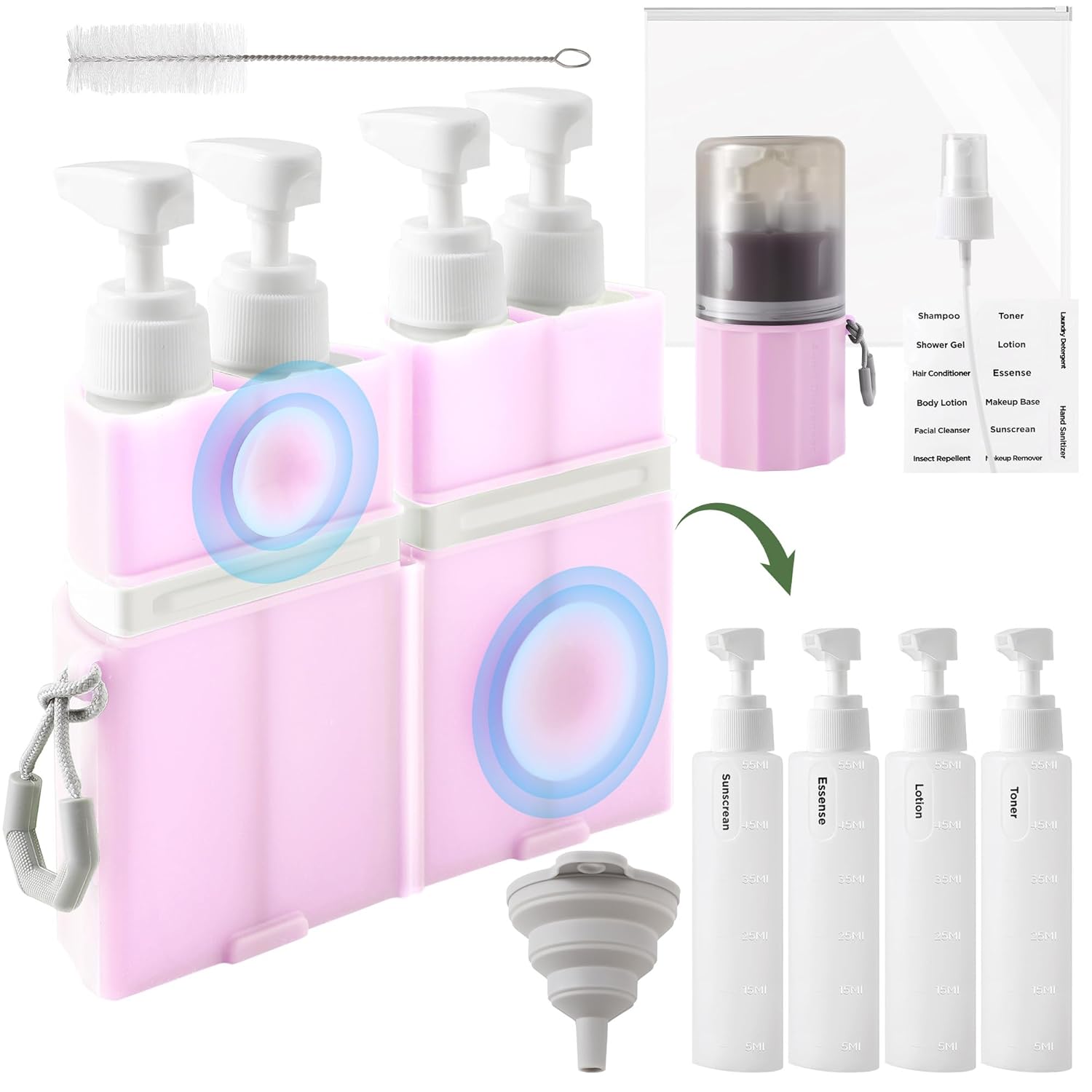 4-in-1 Travel Bottles for Toiletries, TSA Approved Travel Size Toiletries, Leak Proof Refillable Travel Size Shampoo and Conditioner Sets with Wall-Mountable Suction Cup, Pink