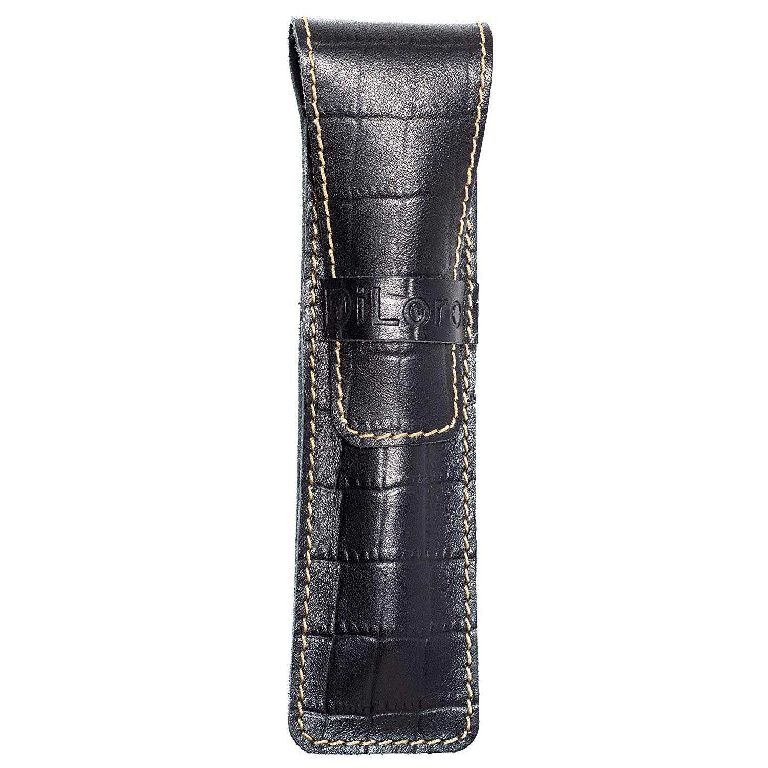 DiLoro Single Pen Case Holder Sleeve Thick Buffalo Full Grain Leather (Buffalo Black Croc Print)