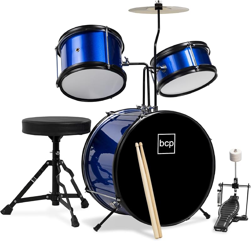 3-Piece Beginner Drum Set for Kids Juniors, w/Throne Stool, Cymbal, Drum Sticks, Bass Drum Pedal, 2 Toms - Blue/Black