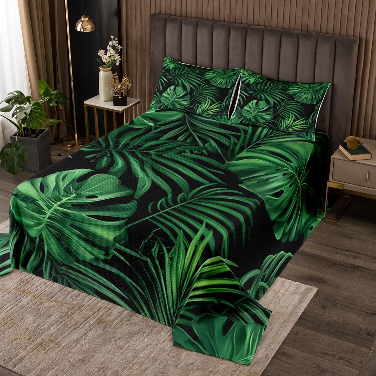 Erosebridal Palm Leaves Coverlet Sets Green Watercolor Tropical Plants Bedspread Sets King Size for Kids Boys Girls,Summer Hawaii Jungle Botanical Quilt Set Monstera Banana Leaves Bed Set
