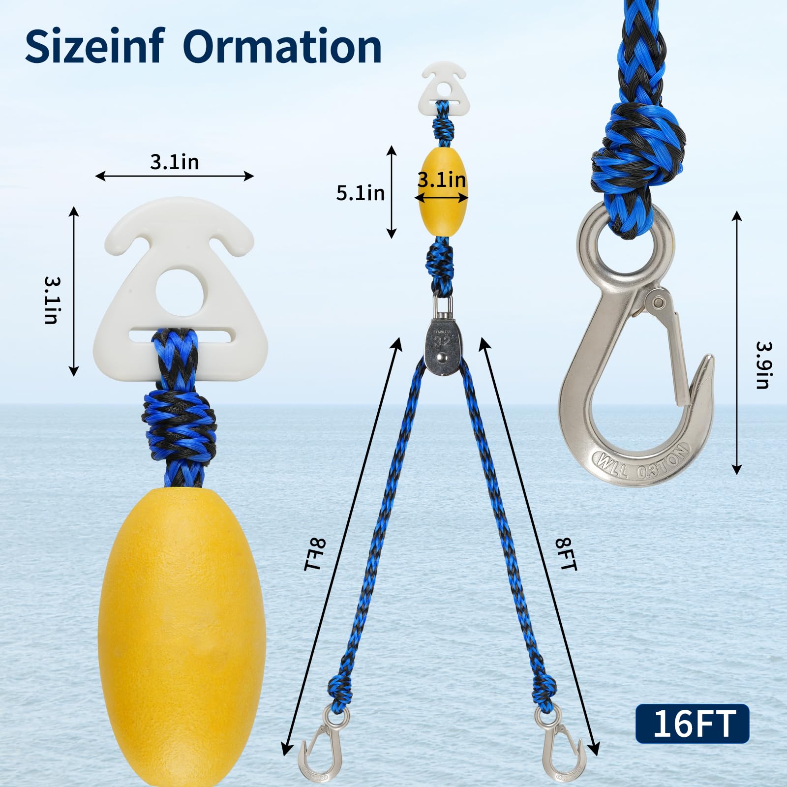 16FT Tow Rope for Tubing Tow Harness with Pulley Water Sport Lines Water Sports Tow Rope Heavy Duty Boat Tow Harness with 2 Stainless Steel Hook(Blue)