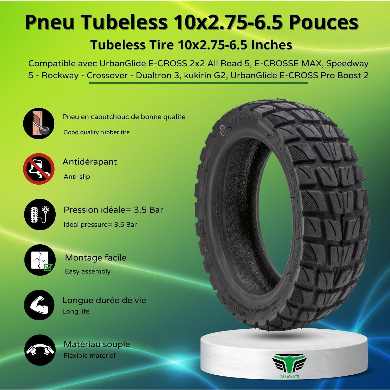 PORTATA DA 120 Kg - Pneumatico Tubeless 10 x 2,75-6,5 pollici per monopattino elettrico E-CROSS 2 x 2 All Road 5, E-CROSSE MAX, Speedway 5 - Rockway - Crossover - Dualtron 3,- Kukirin G2 - Kepow (2)