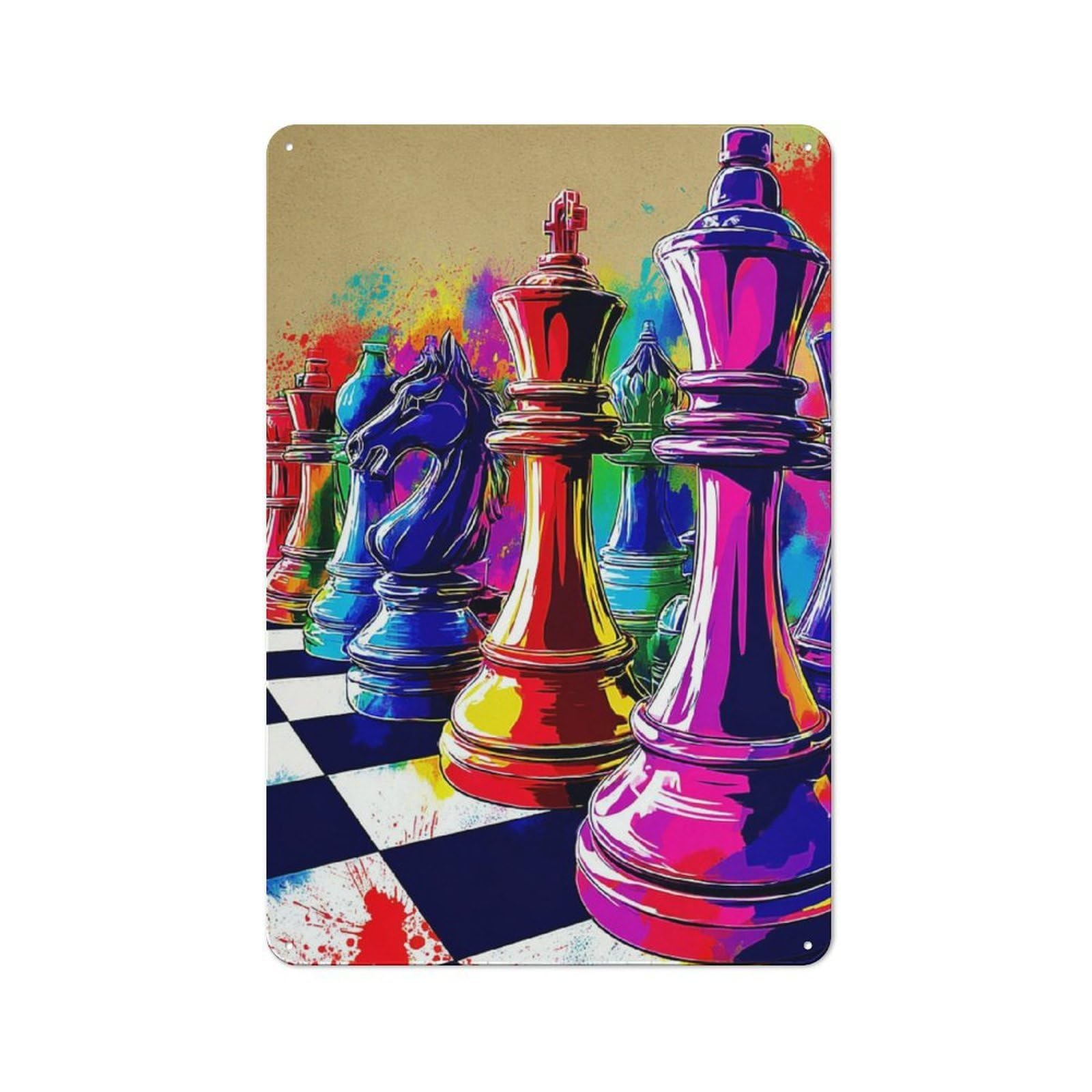 Junmoney Colorful Chess Pieces On Artistic Board Metal Wall Sign 30X20cm Featuring For Home Bar Wall, New Home Wall Decor For Hosts Who Enjoy Retro Interiors