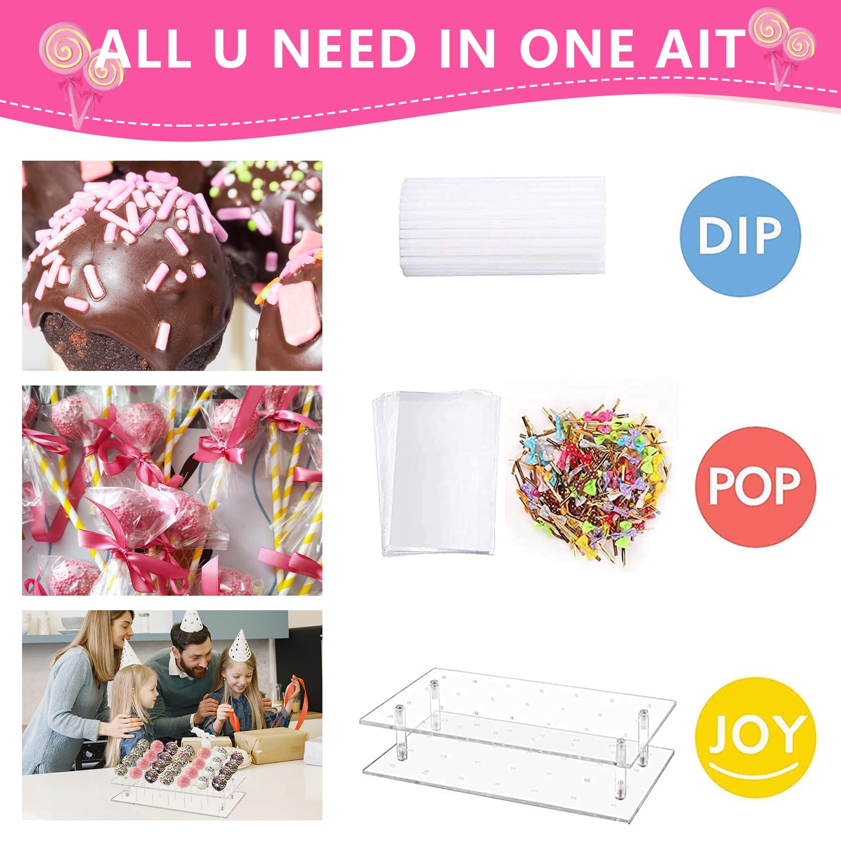 MOFASVIGI Lot de 302 moules à cake pop avec 1 support en acrylique, 1 set de moules en silicone, 100 sacs transparents, 100 bâtonnets de traitement, 100 nœuds papillon doré