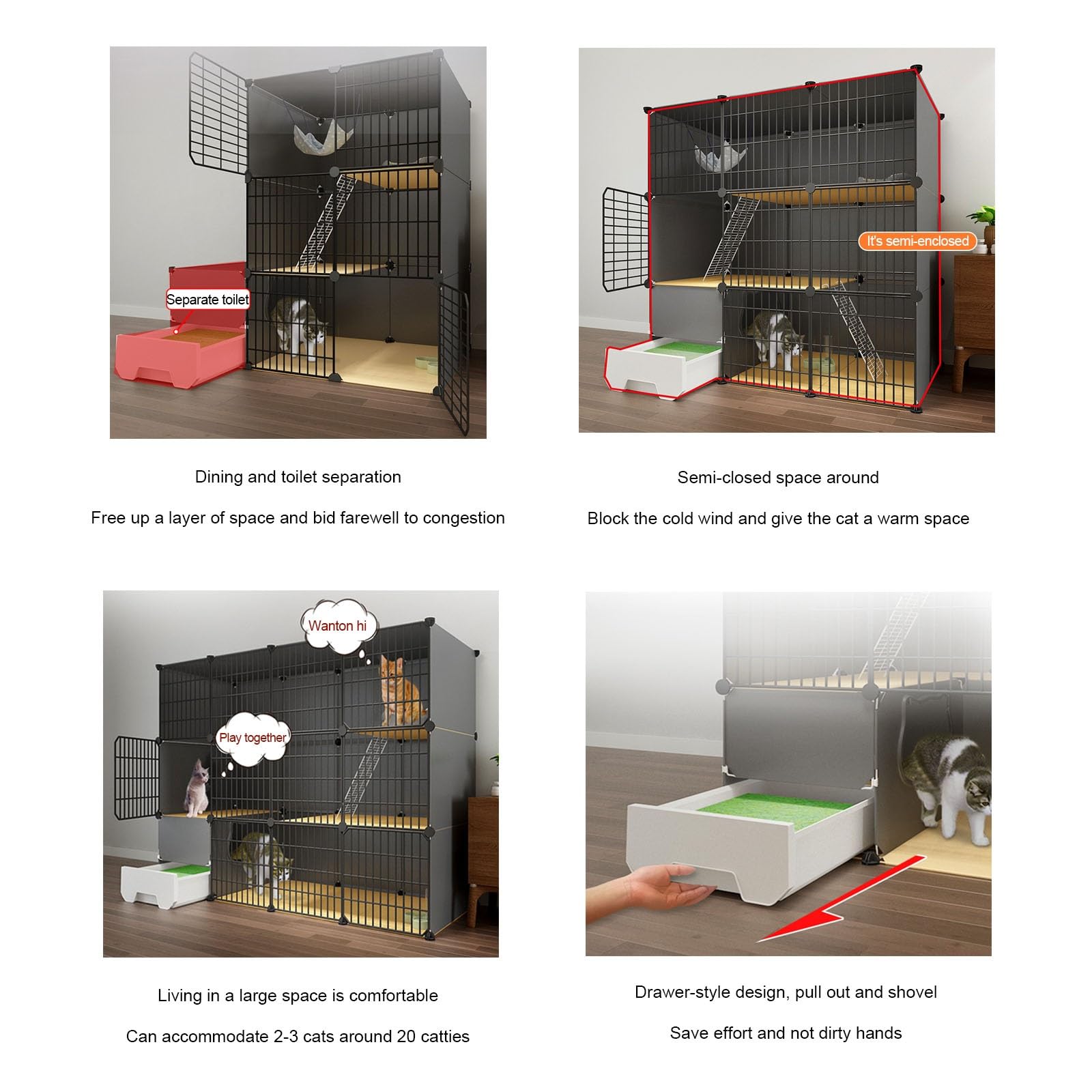 Gabbia per Gatti, Gabbia per Gatti Grande - Box per Gatti Fai-da-Te a 2 Livelli per Interni con lettiera Integrata, Design spazioso per Gatti (Dimensioni: Nero 111x95x75) - Perfetto per l'us