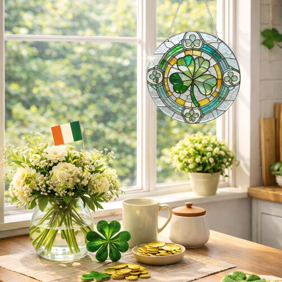 St Patrick’s Day Shamrock Window Decor, Stained Glass Style Irish Clover Hanging Ornament, Festive Irish Holiday Decoration Gift, St Patrick’s Day Gifts for Women Men - Image 6