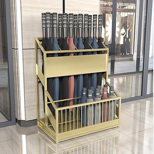 Miniatura 4 de Soporte de metal comercial para paraguas, cesta de sombrilla de entrada para hotel, escuela, cafetería, con bandeja de goteo, almacenamiento de 30