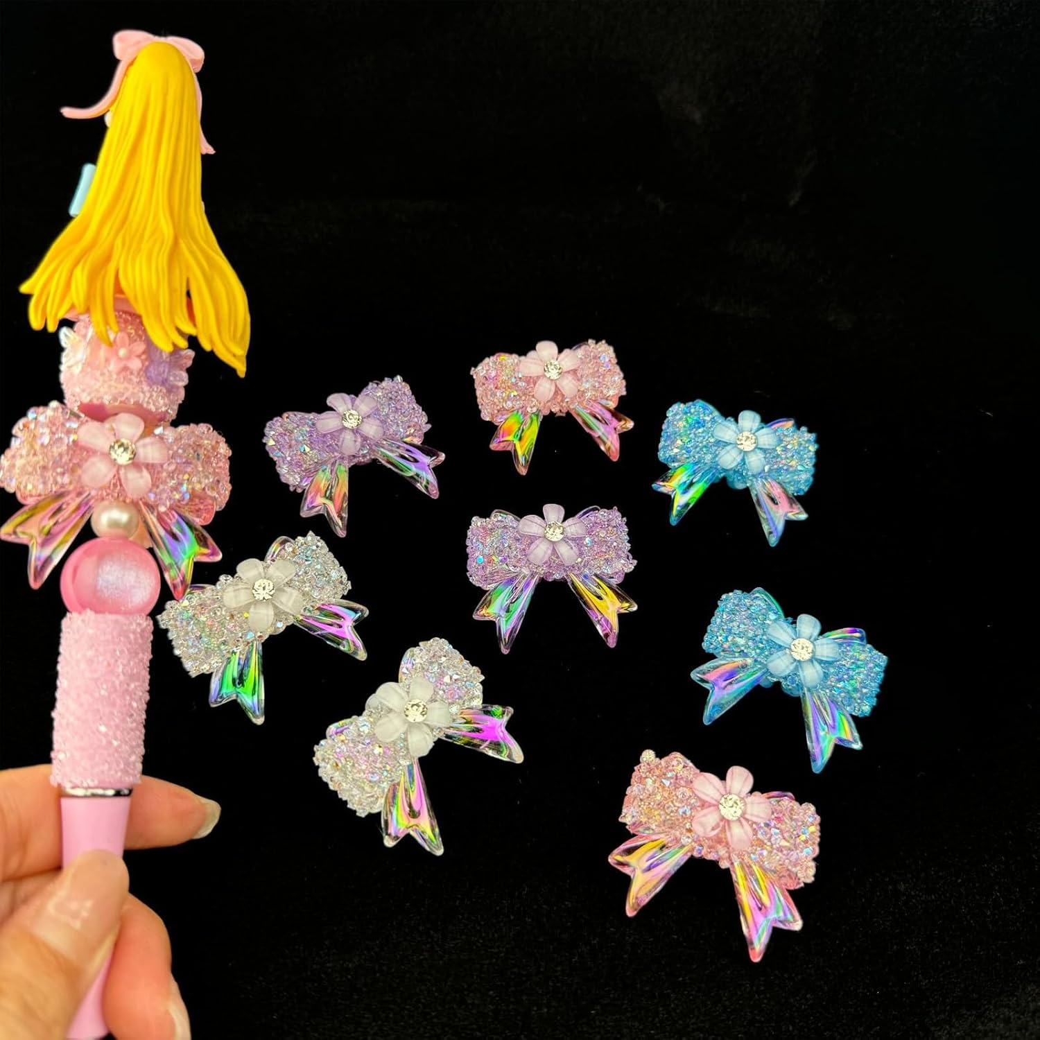 4pcs Rhinestone Bow Beads for Pens - Fancy Bowknot Charms for Beadable Pens, Keychains & Jewelry Making - Sparkly 3D Bow Spacer Beads DIY Craft Supplies (Assorted Colors) - Image 5