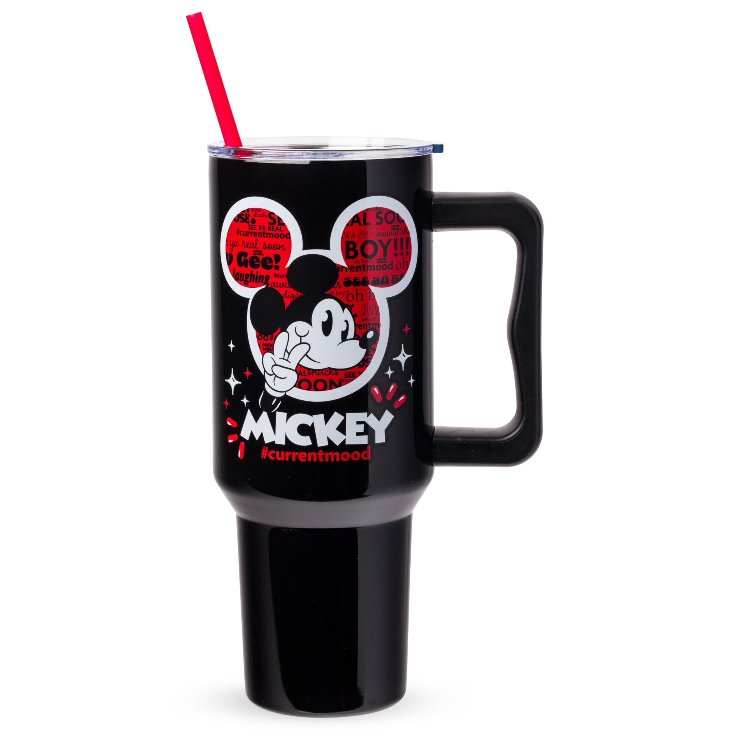 Silver Buffalo Disney Classic Mickey Mouse Hashtag Current Mood “#currentmood” Double Walled Stainless Steel Tumbler with Handle and Straw, Fits in Standard Cup Holder, 40 Ounces
