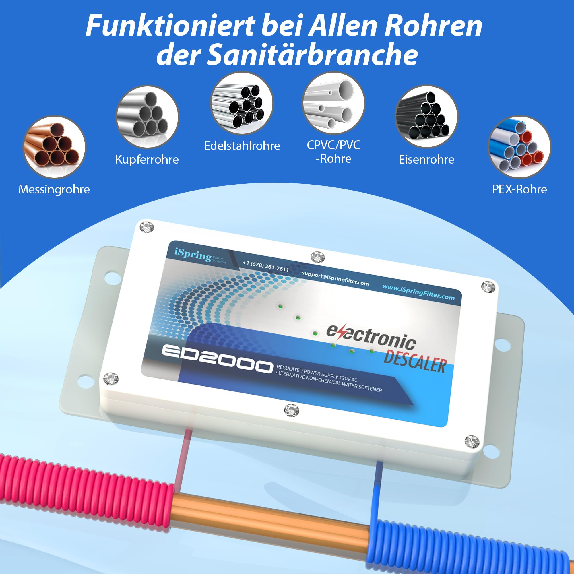 iSpring ED2000 Elektronischer Wasserentkalker, alternativer Wasserenthärter, Wasseraufbereiter für hartes Wasser, reduziert Kalkablagerungen