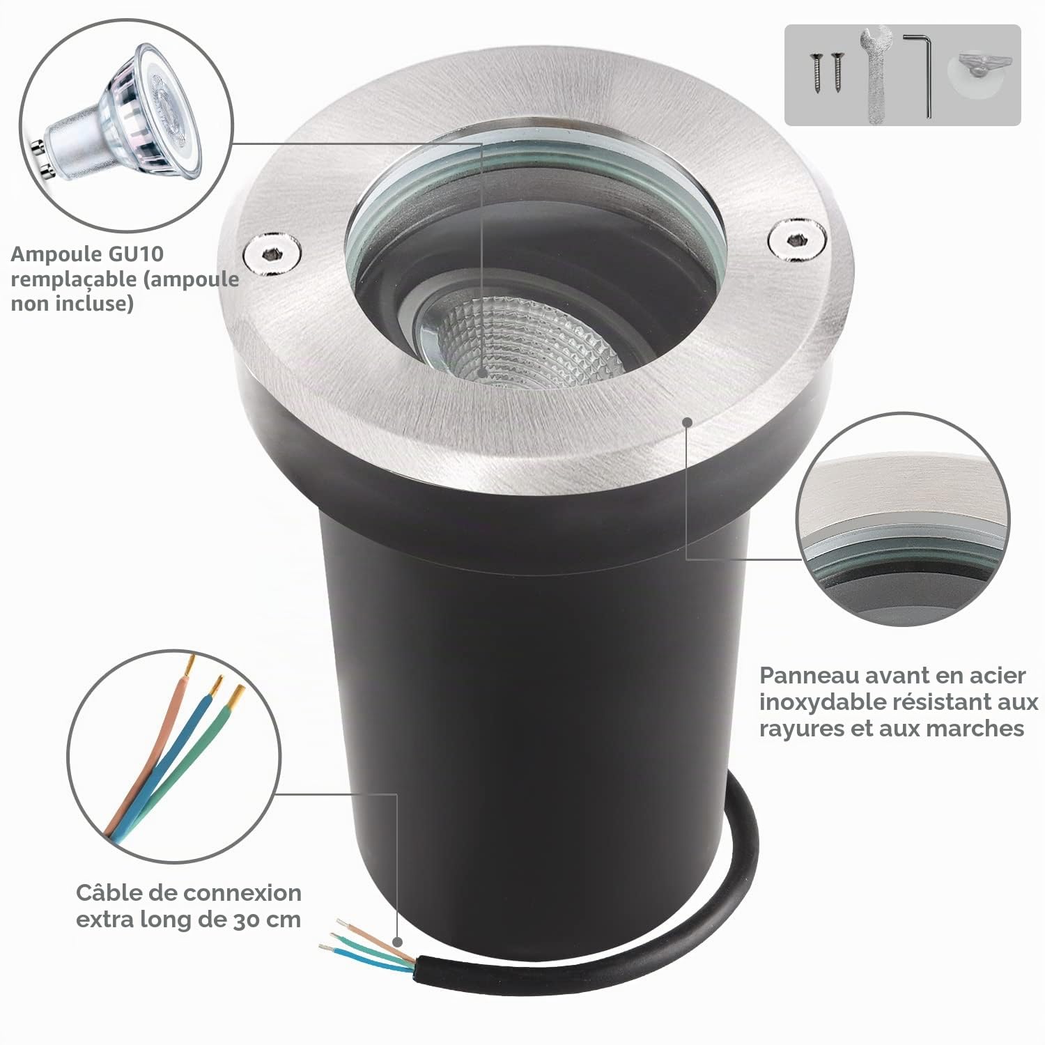 orientable Spot Exterieur encastrable au sol pour GU10, IP67 étanche LED Spot Terrasse Extérieur Spot de sol rond et praticable pour l’extérieur, 230V lampe de sol ronde pour Pelouse, Cour