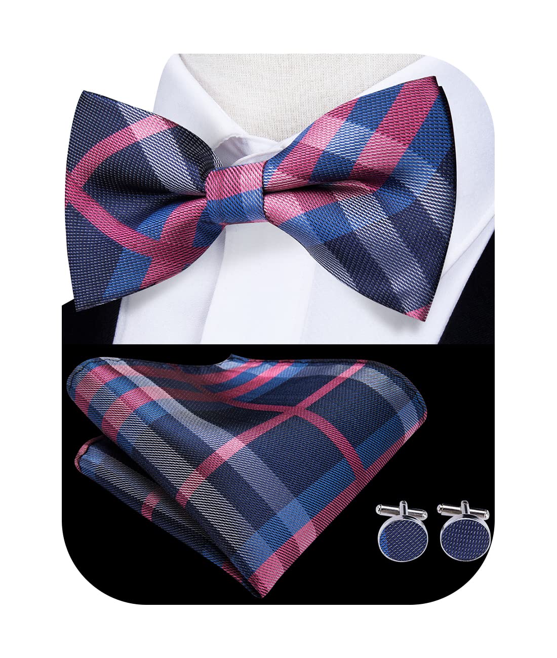 Hi-TieBow Ties for Men Pre-tied/Self-Tied Bowties Pocket Square Cufflinks Set Wedding Party