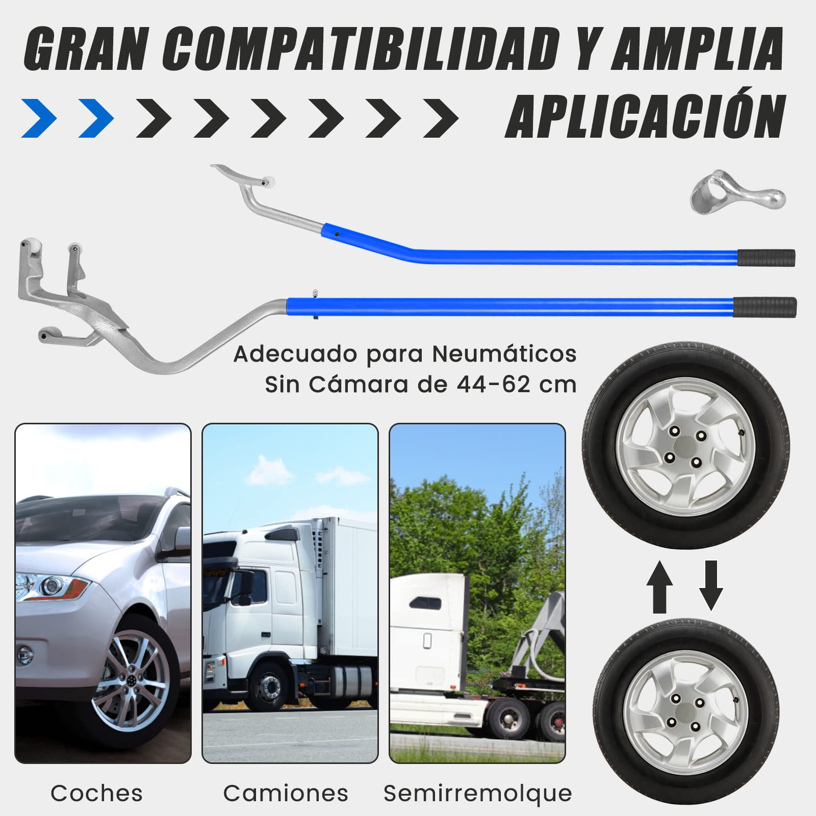 COSTWAY Herramienta para Montar y Desmontar Neumáticos, Cambiador de Neumáticos de 44 cm a 62 cm, Conjunto de 3 Herramientas Manuales para Cambiar Neumáticos con Retenedor de Cuentas (Plateado+Azul)