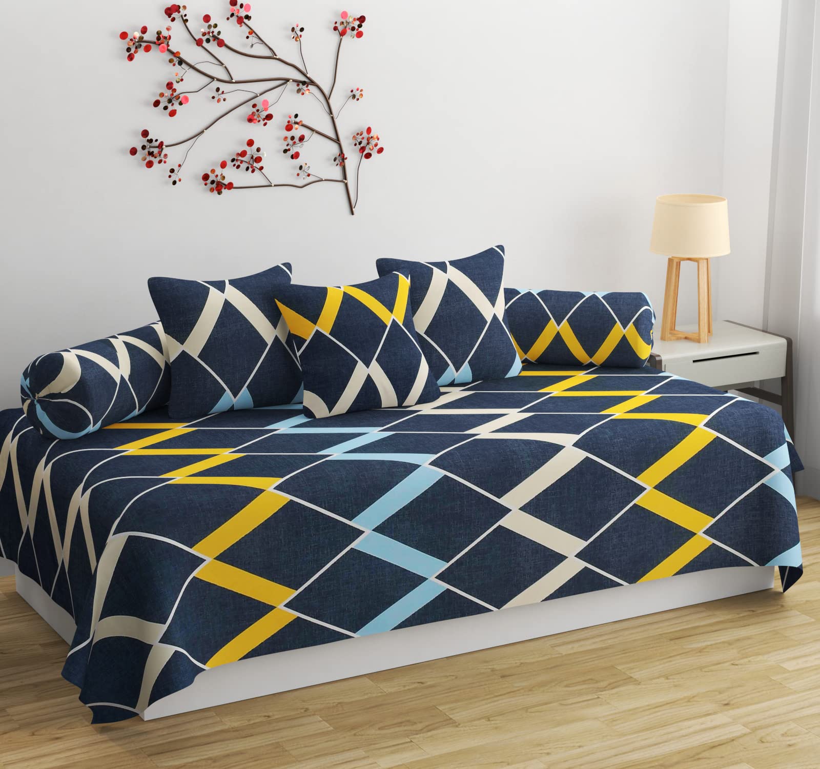 APALA Super Soft Glace Cotton Floral Print One Single Bedsheet with 3 Cushion Cover,2 Bolster (Navy Yellow)-image-45