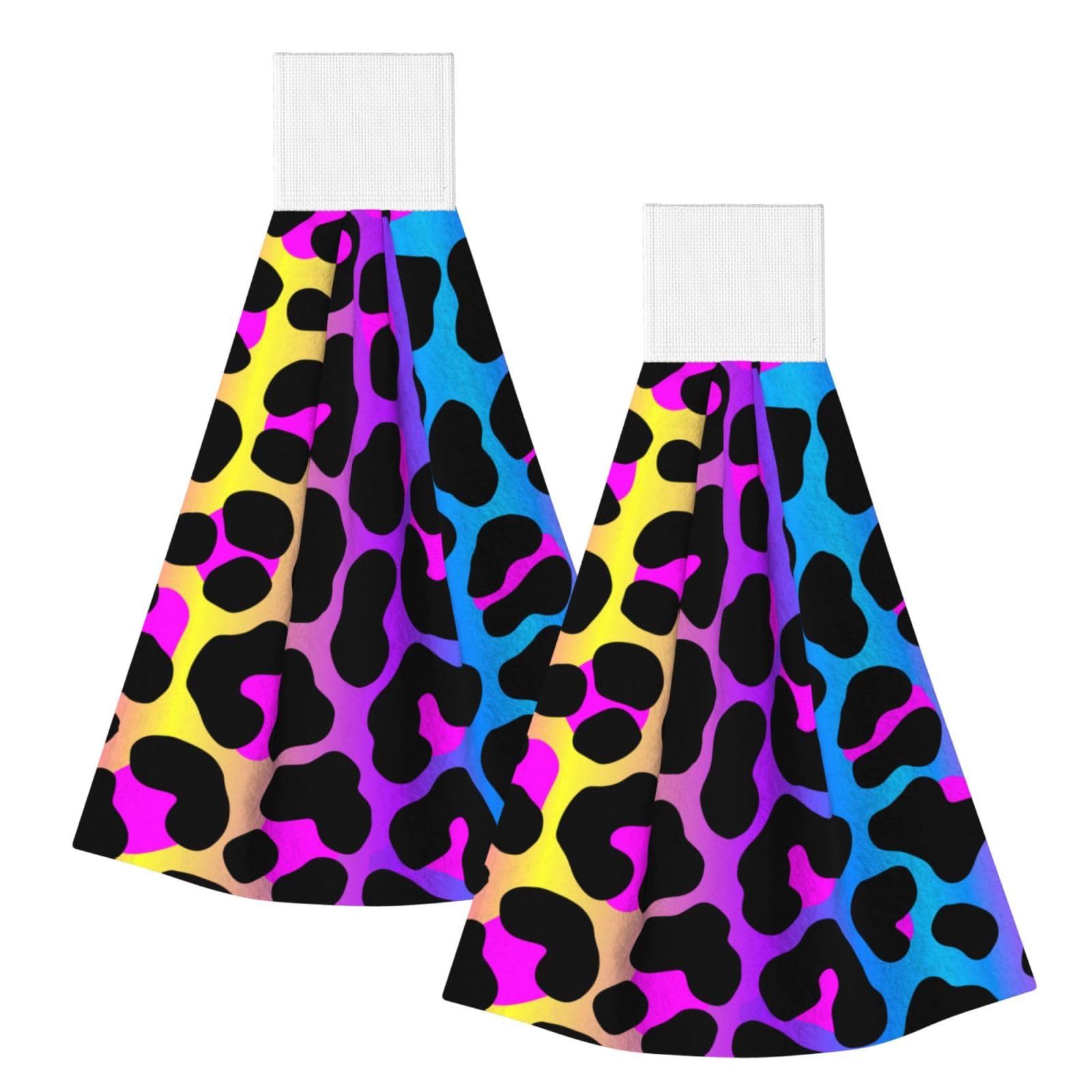 DOPKLNA Neon Leopard Print, 2 Pcs Hanging Coral Fiber Hand Towels for Bathroom, Absorbent Kitchen Towels