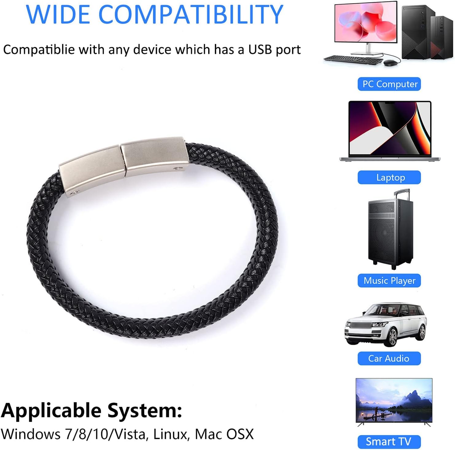 CHUYI Bracelet Design 128GB USB 2.0 Flash Drive Portable Metal and PU Leather Braided Rope Wristband Thumb Drive Cool Jump Drive Novelty Memory Stick Data Storage U Disk Gift for Men (Black)