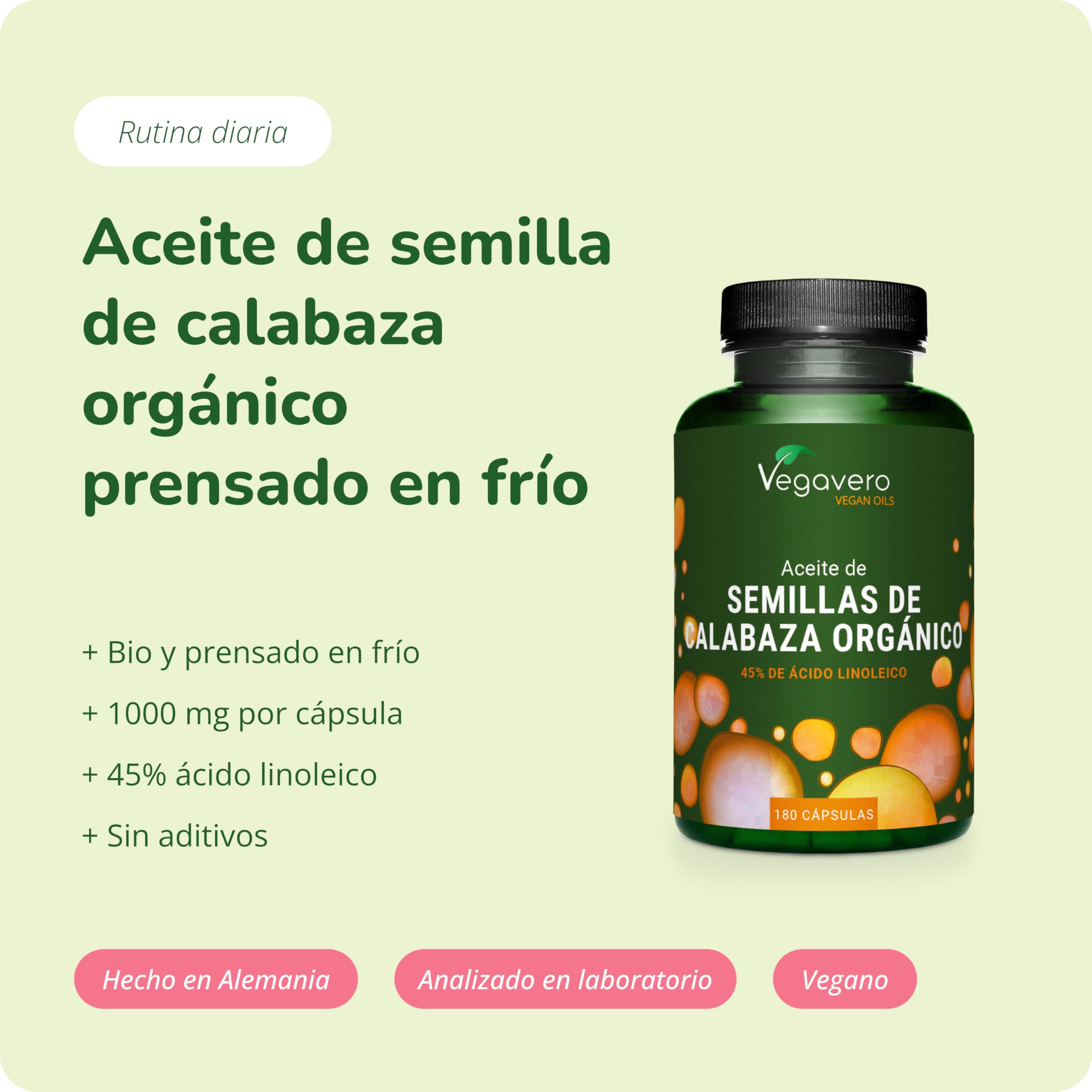 Pumpkin Seed Oil Vegavero | El Único Orgánico | Aceite Semillas Calabaza | 180 Cápsulas | Prensado En Frío | Sin Aditivos & Vegano | Incontinencia & Próstata | Sin Gelatina