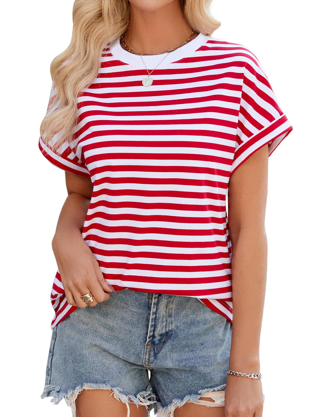 Lonya Tshirt Damen Sommer Oversize Top Kurzarm Rundhals Oberteil Locker Casual Elegant Bluse Gestreift Tee Shirts