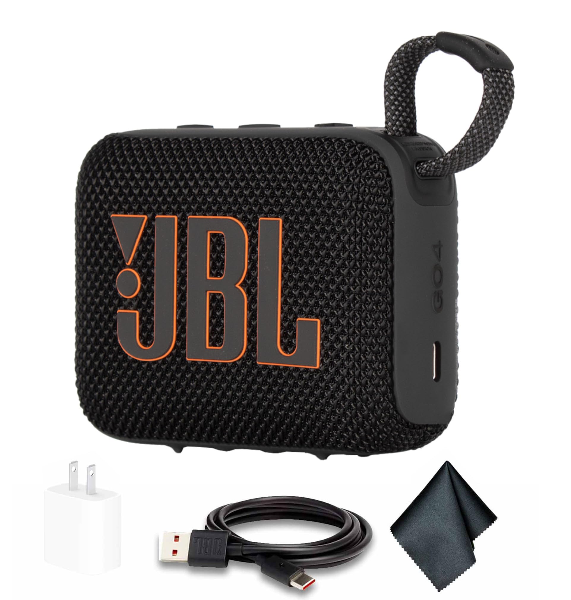JBL Go 4 Portable Bluetooth Speaker, Built-in Battery, Waterproof and Dustproof - Black (JBLGO4BLKAM) + USB-C Adapter + Microfiber Cloth