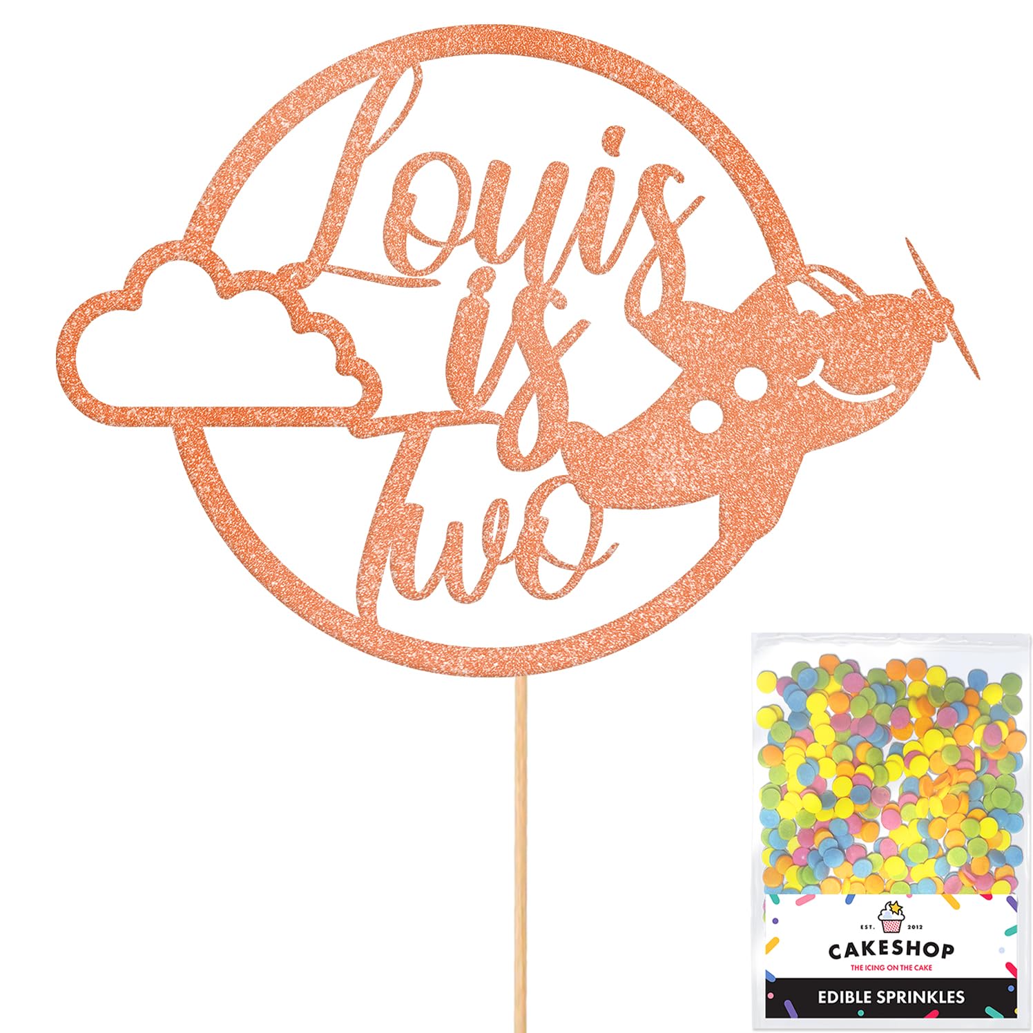 Personalised Plane Aeroplane Glitter Cake Topper- Rose Gold Any Custom Age & Name Glitter Cake Decoration and Sprinkles - Happy Birthday Decorations - Personalised Toppers for Cakes by Cakeshop — image 1