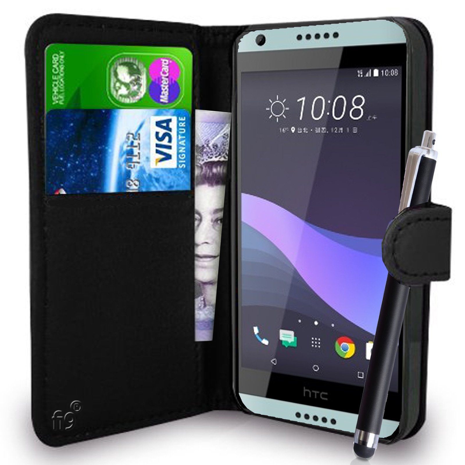 fi9® HTC DESIRE 650 FLIP WALLET PU LEATHER CASE COVER POUCH + STYLUS PEN (Black)