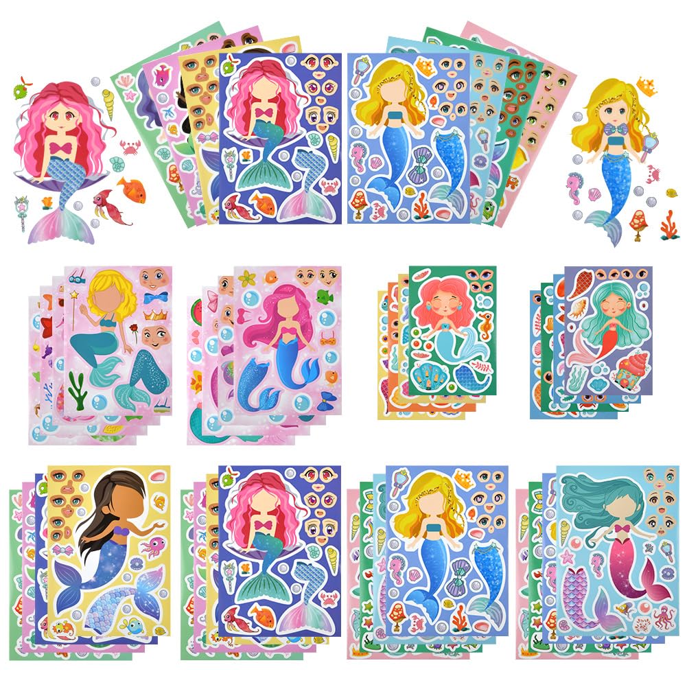 OSDUE 32PCS Pegatinas de Sirena, Pegatinas de Sirena de Dibujos Animados, Juego de Pegatinas de Bricolaje para Niños, Pegatinas Impermeables, Adecuadas para Computadoras, Patinetas, Guitarras