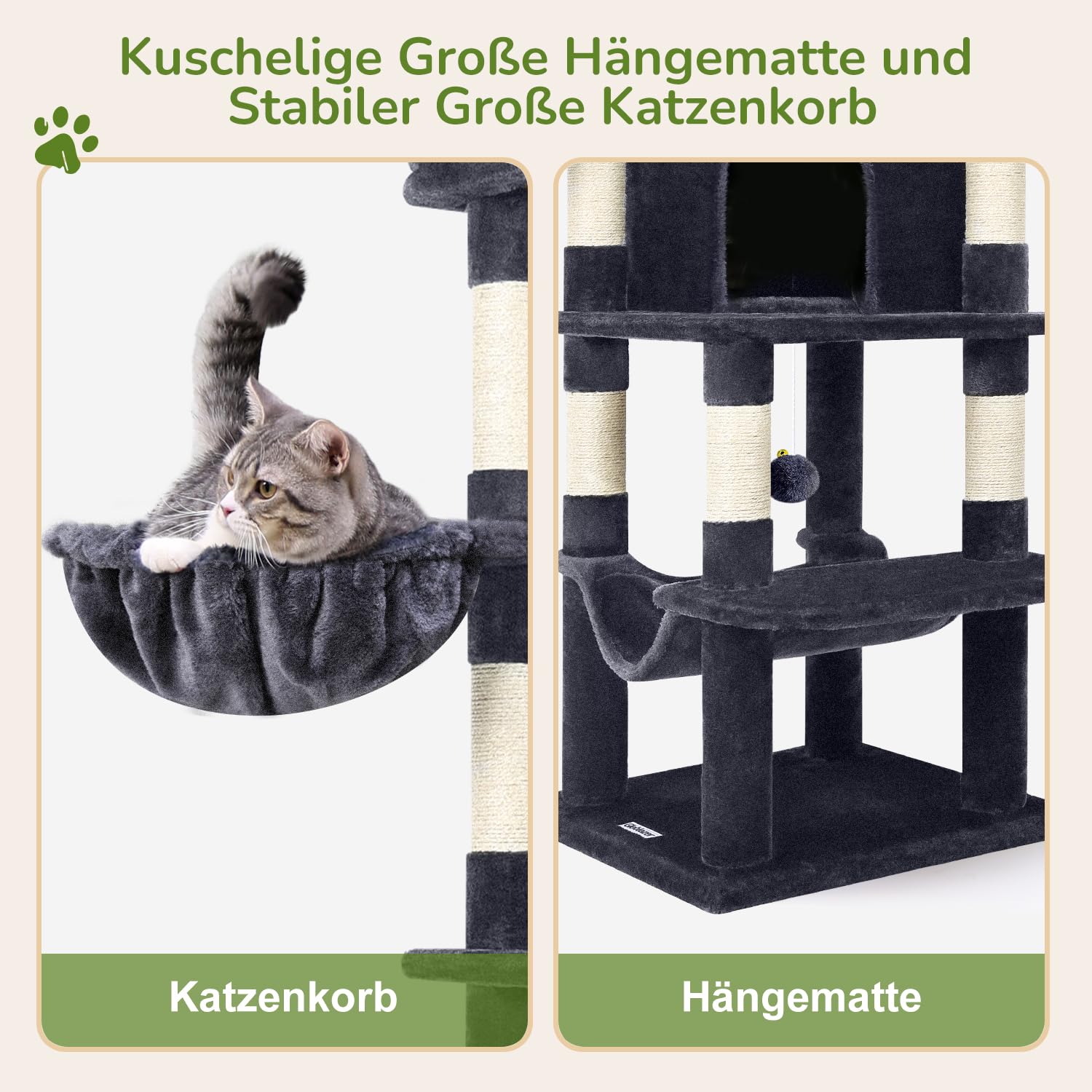 Globlazer Kratzbaum Große, Kratzbaum Stabil Passform Ecke mit Groß Katzenhaus 90° Sektor Gepolsterte Plattform Hängematte Weich Korb, Katzenbaum hoch 130 cm für Mehrere Groß Katzen (C51, Dunkelgrau)