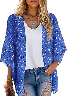 Women's Beach Kimono Coverup Sheer Chiffon Cover Ups, Casual Loose Open Front Cardigan Tops