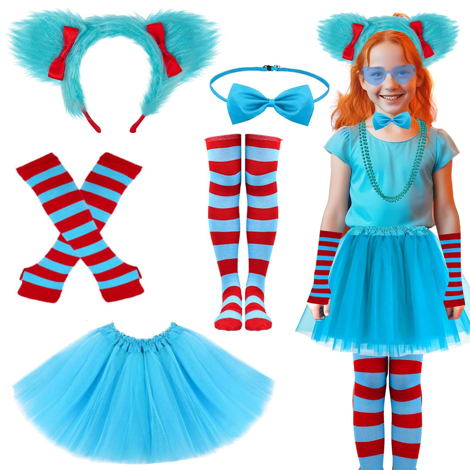 Thing 1 and Thing 2 Costume, Carnival Costume, 5 PCS Thing 1 and Thing 2 Costume Kids with Headband, Bow Tie, Tutu, Sleeves and Socks, Thing One and Thing Two Costumes for Halloween Christmas Carnival