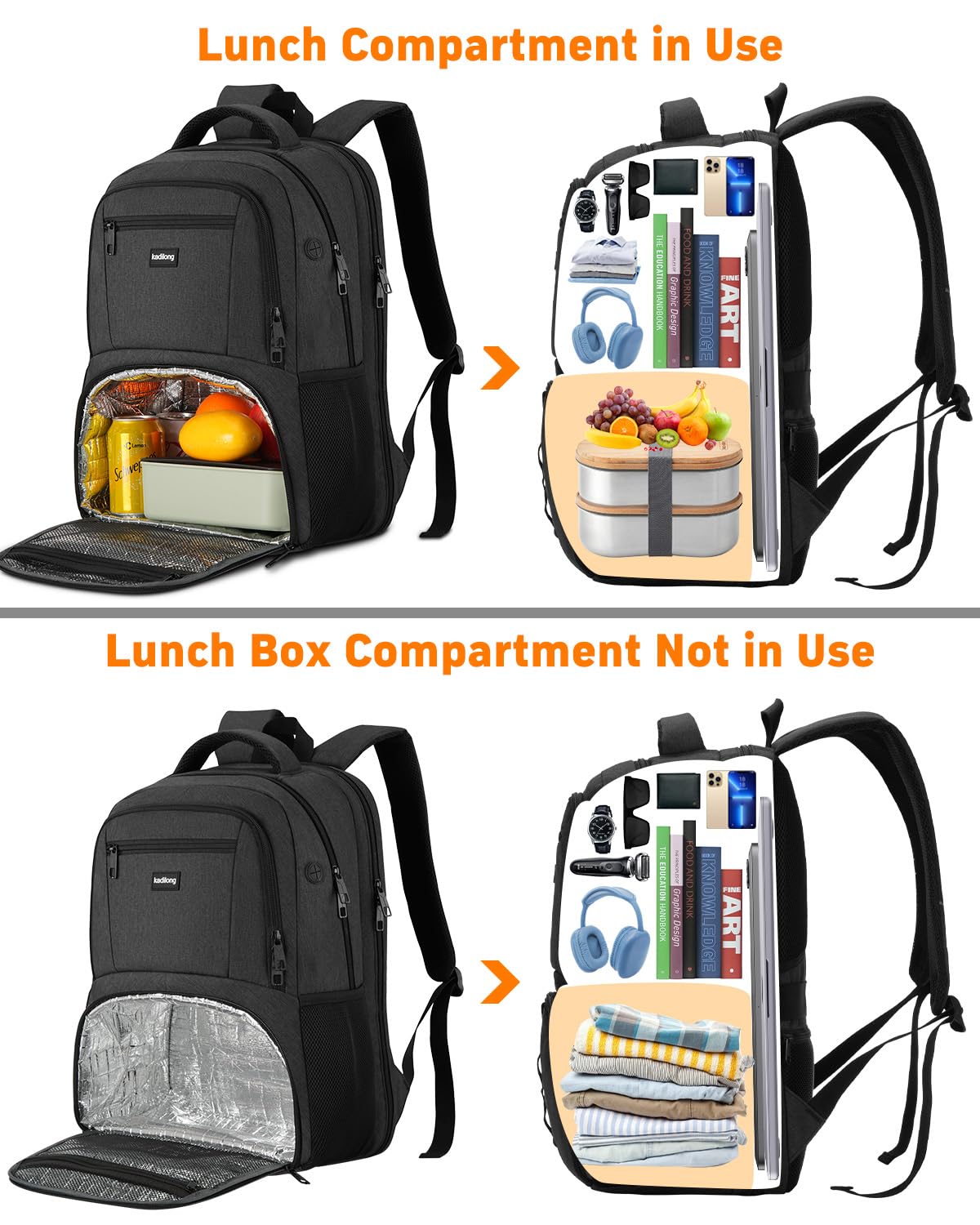 kadilong Mochilas aisladas de 17.3 pulgadas con compartimento refrigerador, mochila de viaje grande para laptop TSA con puerto USB para hombres y mujeres