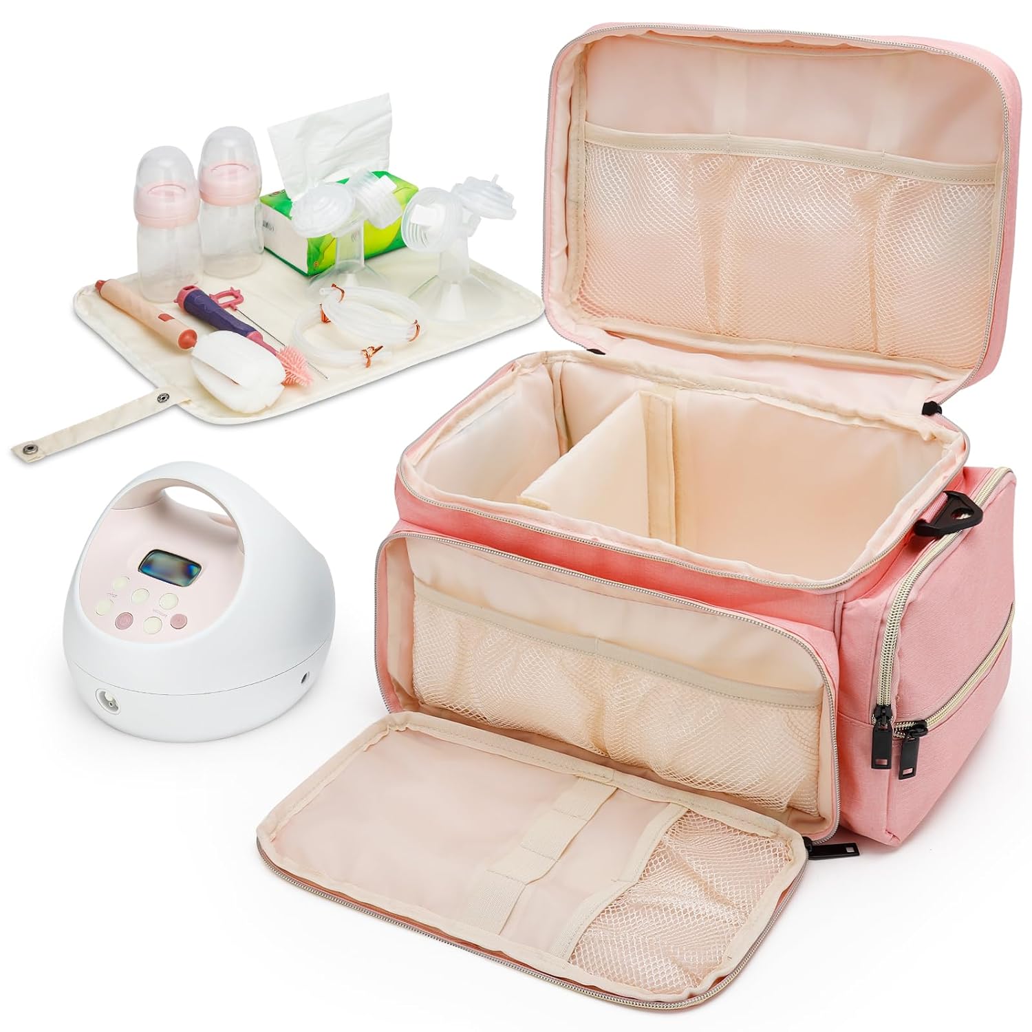 Breast Pump Bag Fit for Spectra S1 and S2, Pumping Bag with Waterproof Mat for Pump Accessories, Portable Pump Carrying Case for Work, Travel and Family Use, Pink