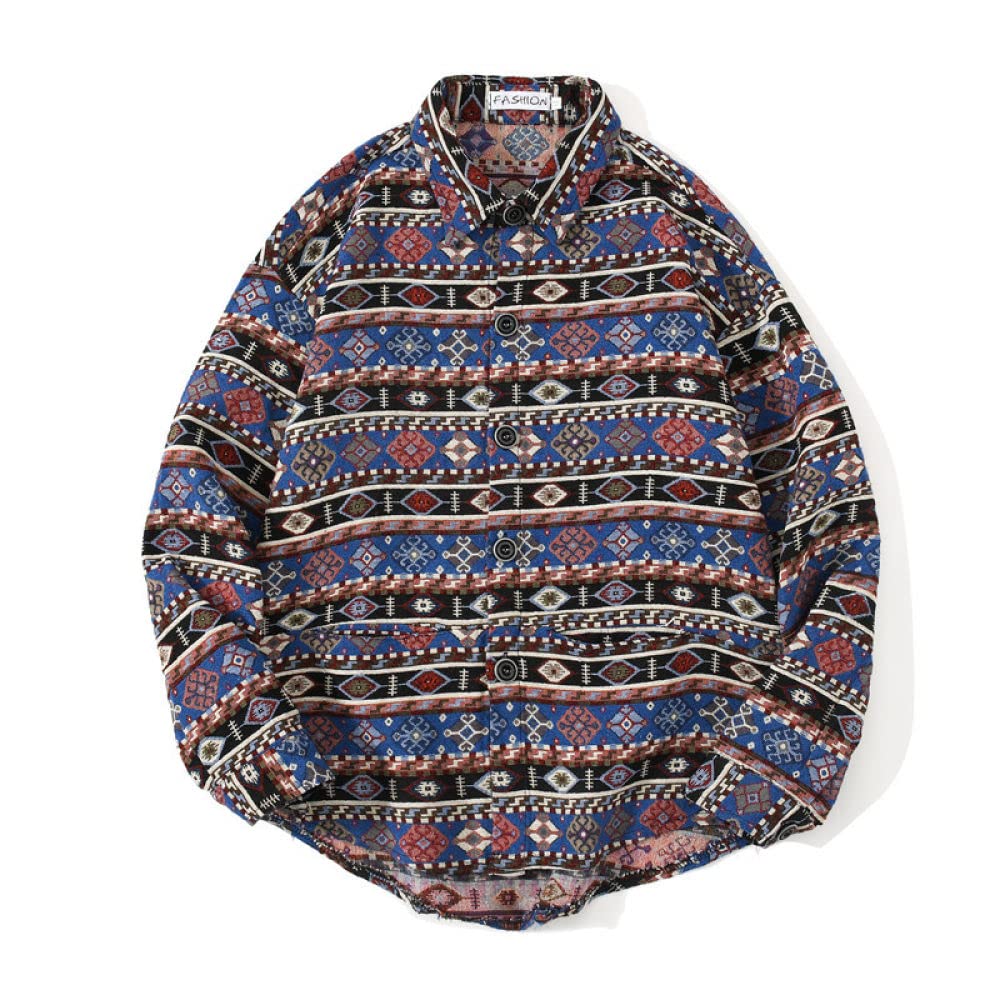 HGJH Herren Thermohemd,Herren Langarmshirt Fleecejacke Boho Vintage Jacke Ethno Blau Thermohemd Futter Holzfällerhemd Bequem Lässiges Arbeitshemd Für Herren Jungen
