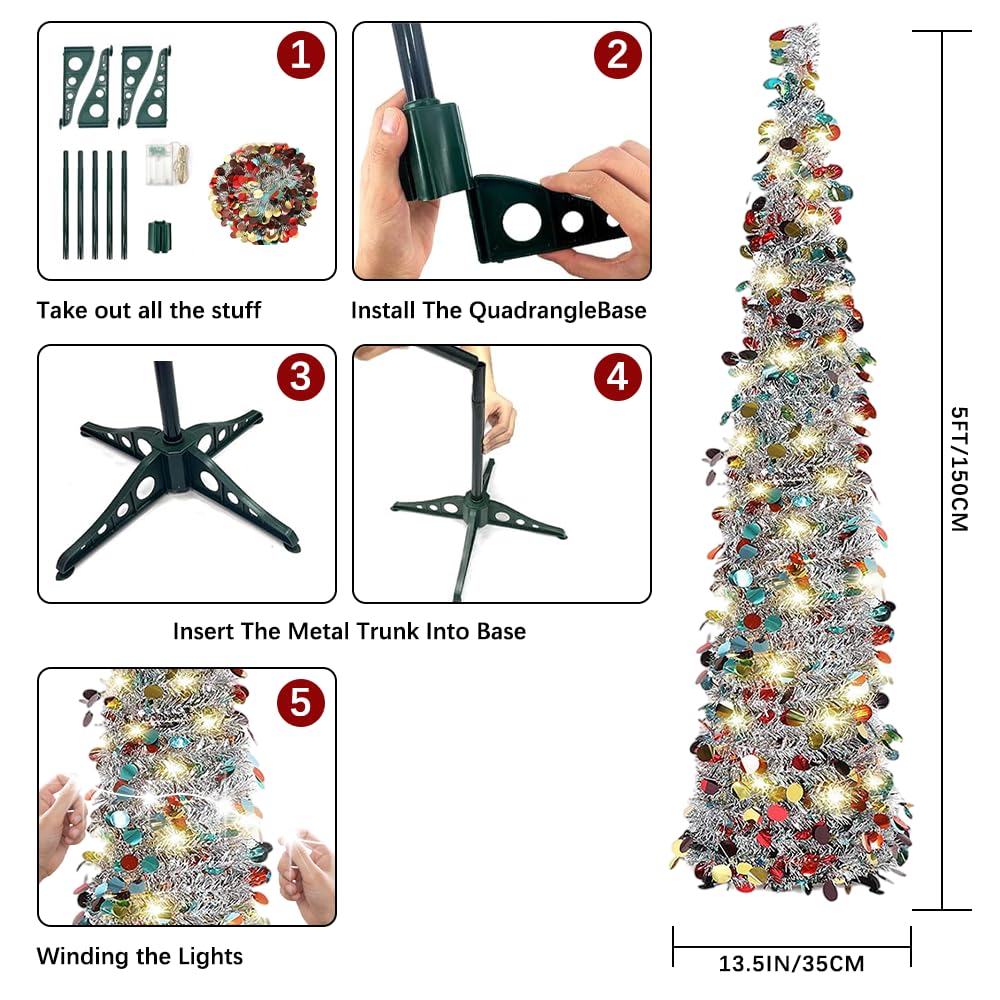 Albero Di Natale Artificiale Pop-Up 1,5 M Con Luci LED Viola - Pieghevole Con Paillettes