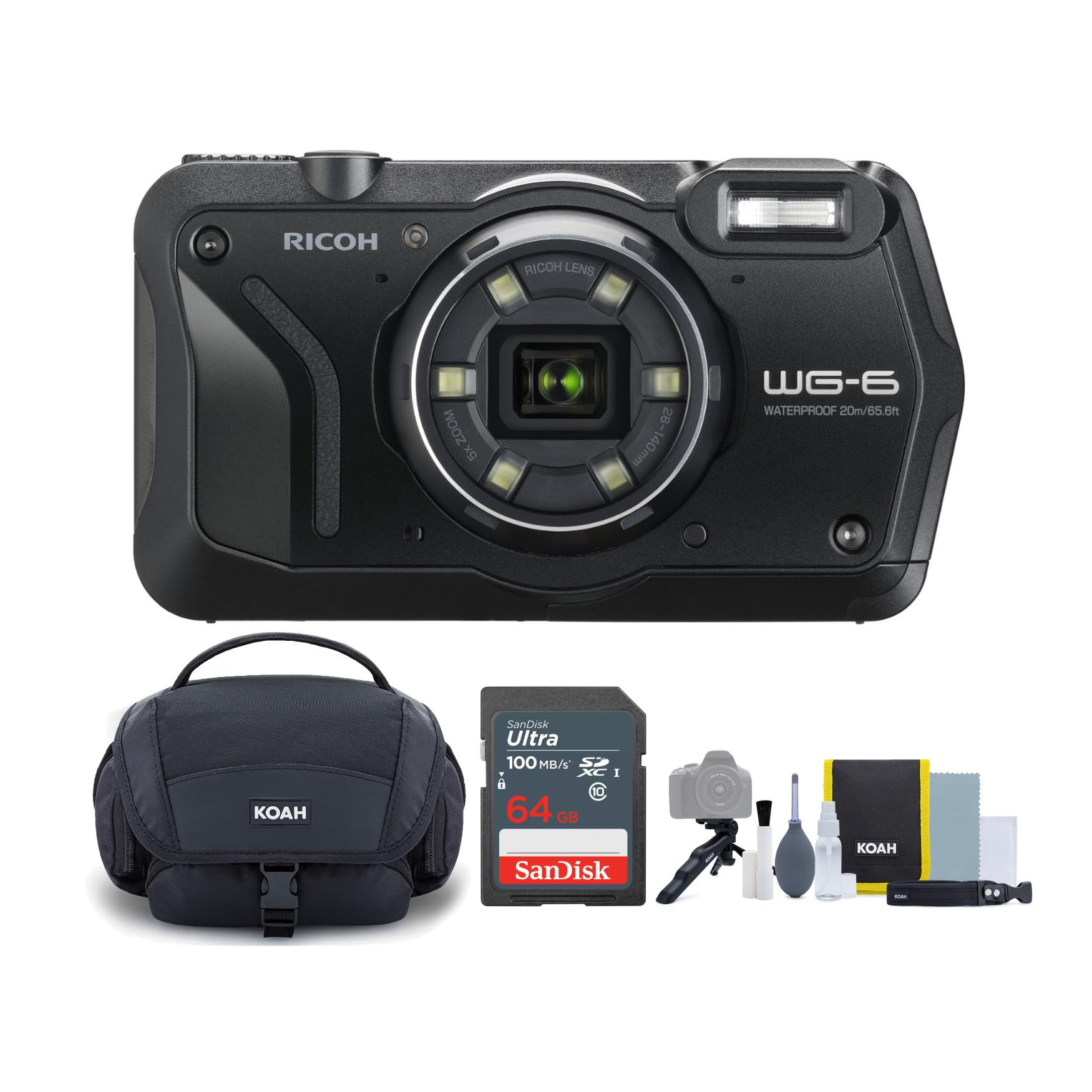 Ricoh WG-6 Digital Camera (Black) Bundle with Gadget Bag with Accessory and Cleaning Kit and 64GB Memory Card (3 Items)