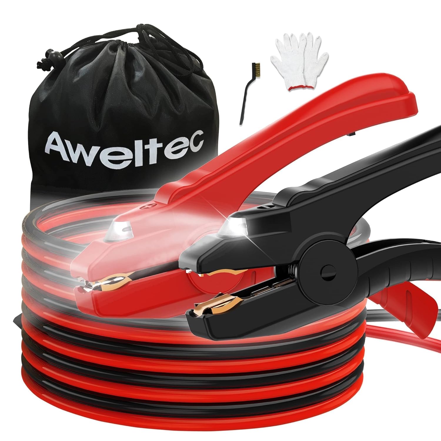 Heavy Duty Jumper Cables,6 Gauge 16 Feet Booster Battery Cable,Automotive Wires with LED Light,Alligator Clips,Carrying Bag,Safety Gloves and Iron Brush for Cars Truck