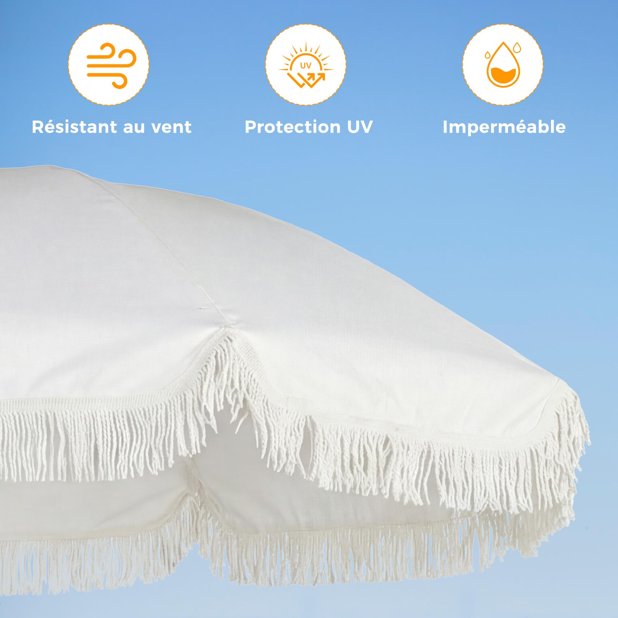 HOMEDEMO Parasol de plage à franges 200 cm, adapté jardin, marché et terrasse, rond blanc avec housse de protection, protection UV50+