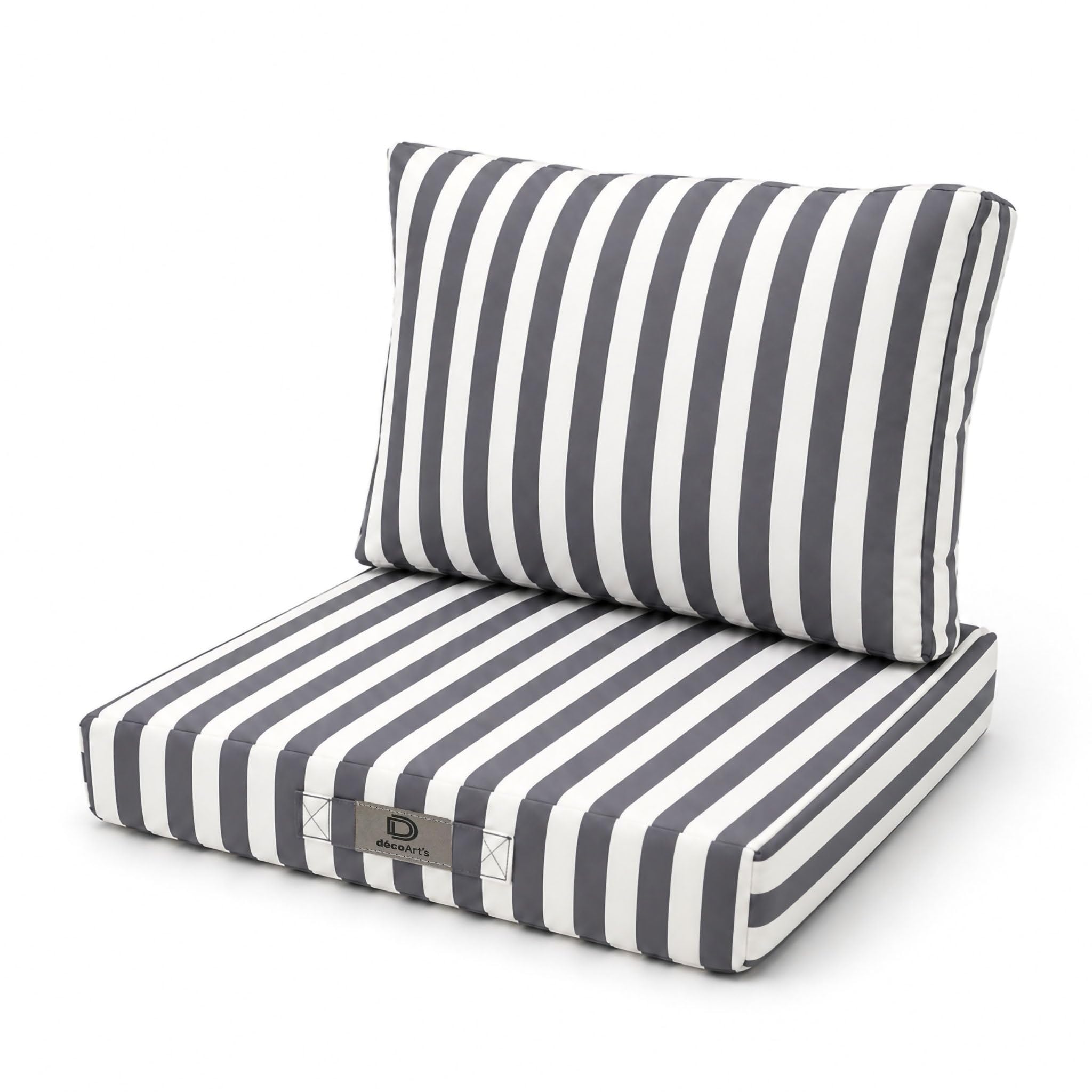 Déco Arts — Lot de 2 Coussins Déhoussables Salon Jardin 50x50 — Assise 50x50 + Dossier 50x35 cm — Imperméable Anti-UV — Remplacement Mobilier Jardin Terrasse Balcon Véranda — Rayures Gris Foncé