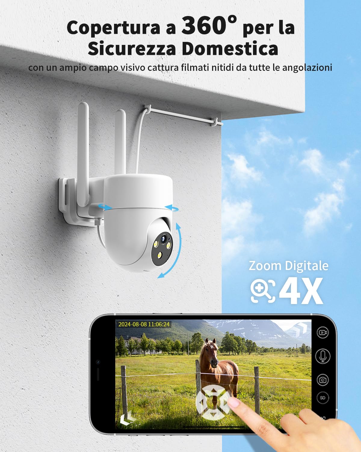 4G LTE Telecamera 24/7 Continua Registrazione con Sim Esterno, 2K Videocamera Sorveglianza PTZ 360°, con AI Rilevamento Umano e Visione Notturna a Colori, Audio Bidirezionale