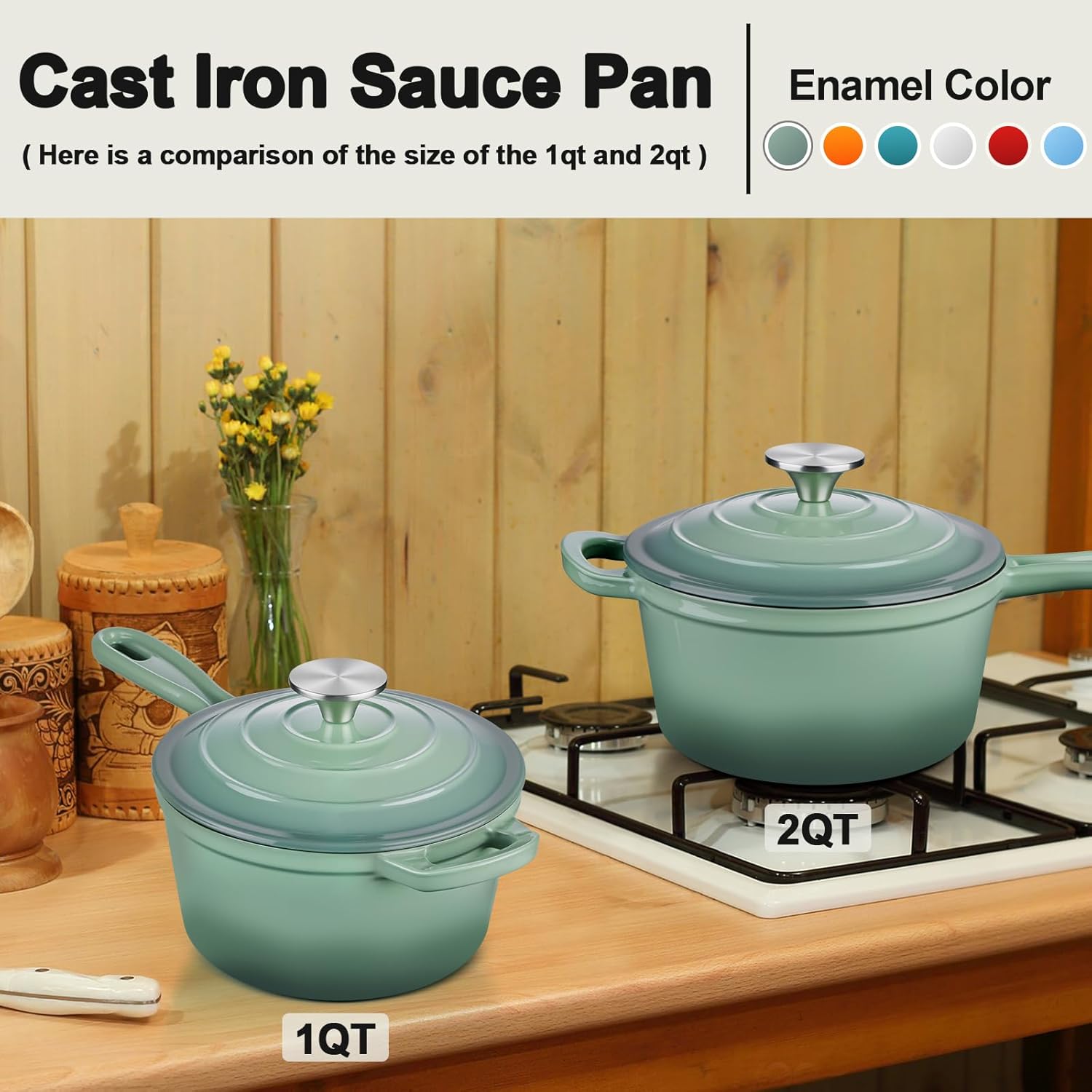 1 Qt & 2 Qt Saucepan Set, Leonyo Enameled Cast Iron Sauce Pan, Cast Iron Dutch Oven Kitchen Small Pots for All Cooktops Cooking Pasta, Milk, Oatmeal - Up to 500°F, Pistachio Green