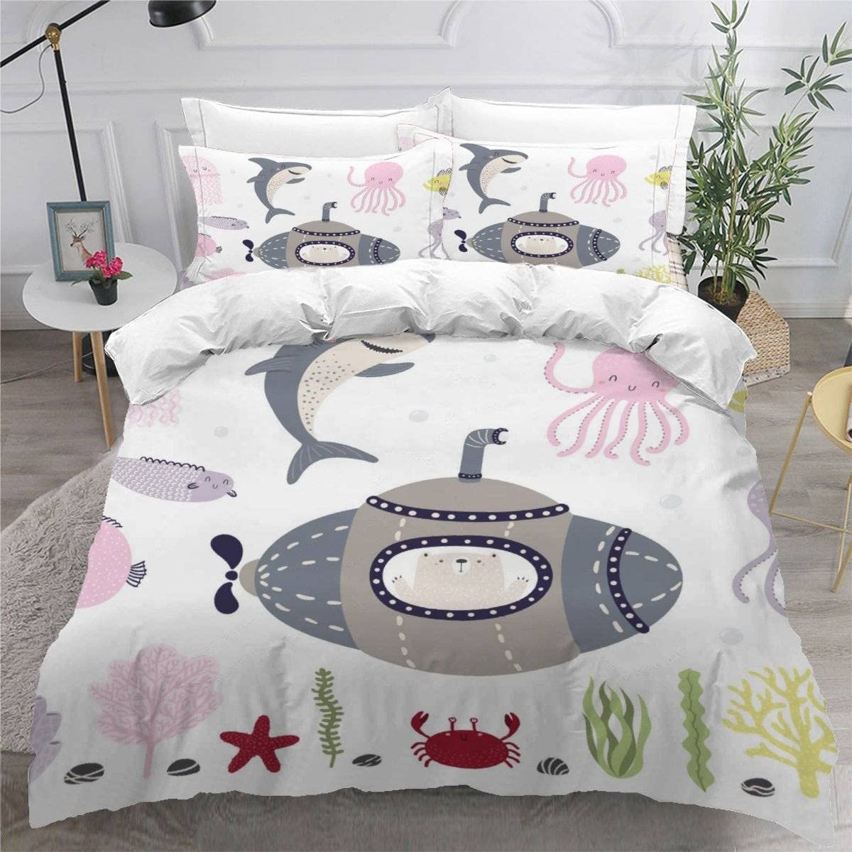 VASENA Duvet Cover King Size 3d Printed Adults Teenager Microfiber Fluffy Kingsize Bedding Dolphin Submarine Colorful Sea Creatures Comforter Cover King Size with Pillowcases（230x220）
