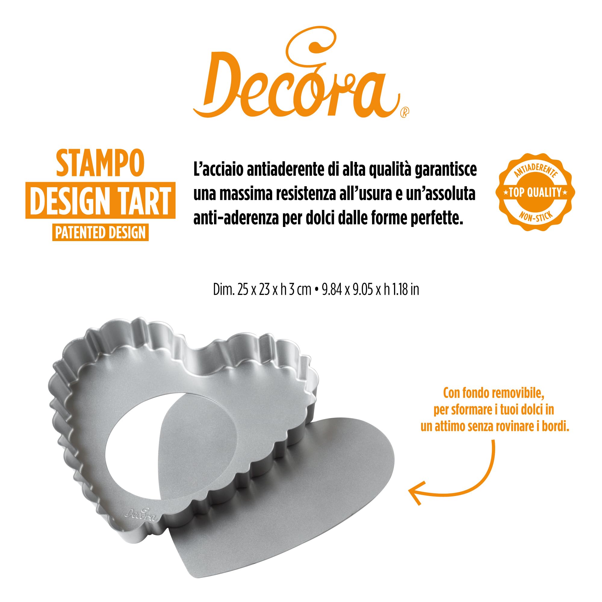 Decora 0075056 Stampo Crostata con Fondo Mobile da 25 X 23 X 3 H Cm, in Acciaio Antiaderente, Cuore, per sformare Dolci facilmente, Design Professionale Registrato, Brevettato