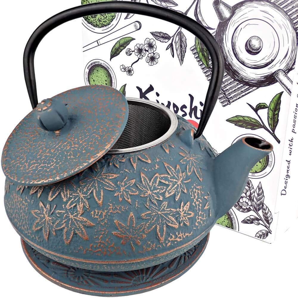 40 Oz Blue Maple Leaf Cast Iron Teapot, Enamel Interior, Infuser & Trivet