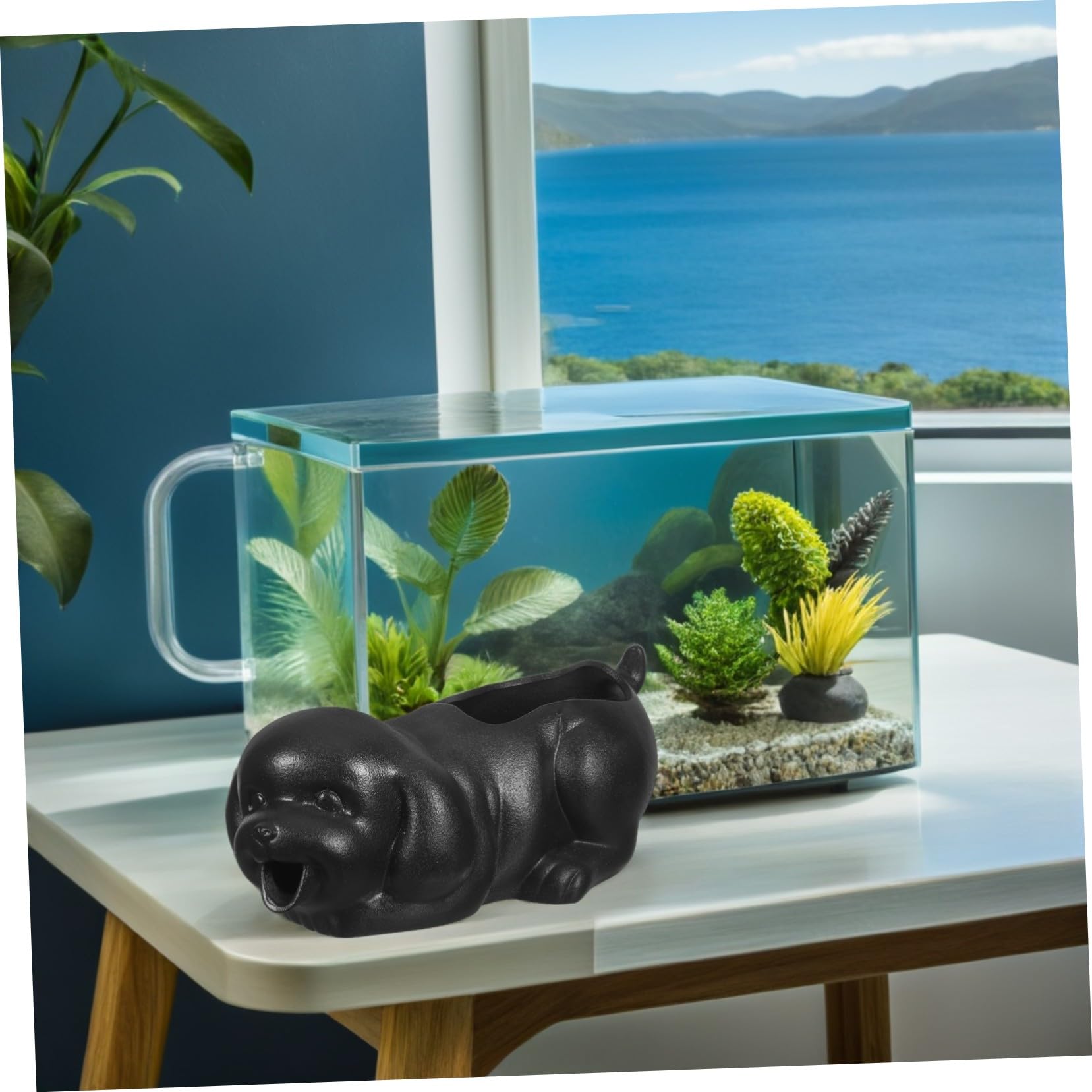 SHINEOFI Keramik Wasserfall-spucker Hund Form Langlebiger Tischbrunnen mit Pflanzen-Topf Natürlicher Filter für Aquarium und Garten Zirkulierender Bonsai-brunnen Dekorative Fischteich