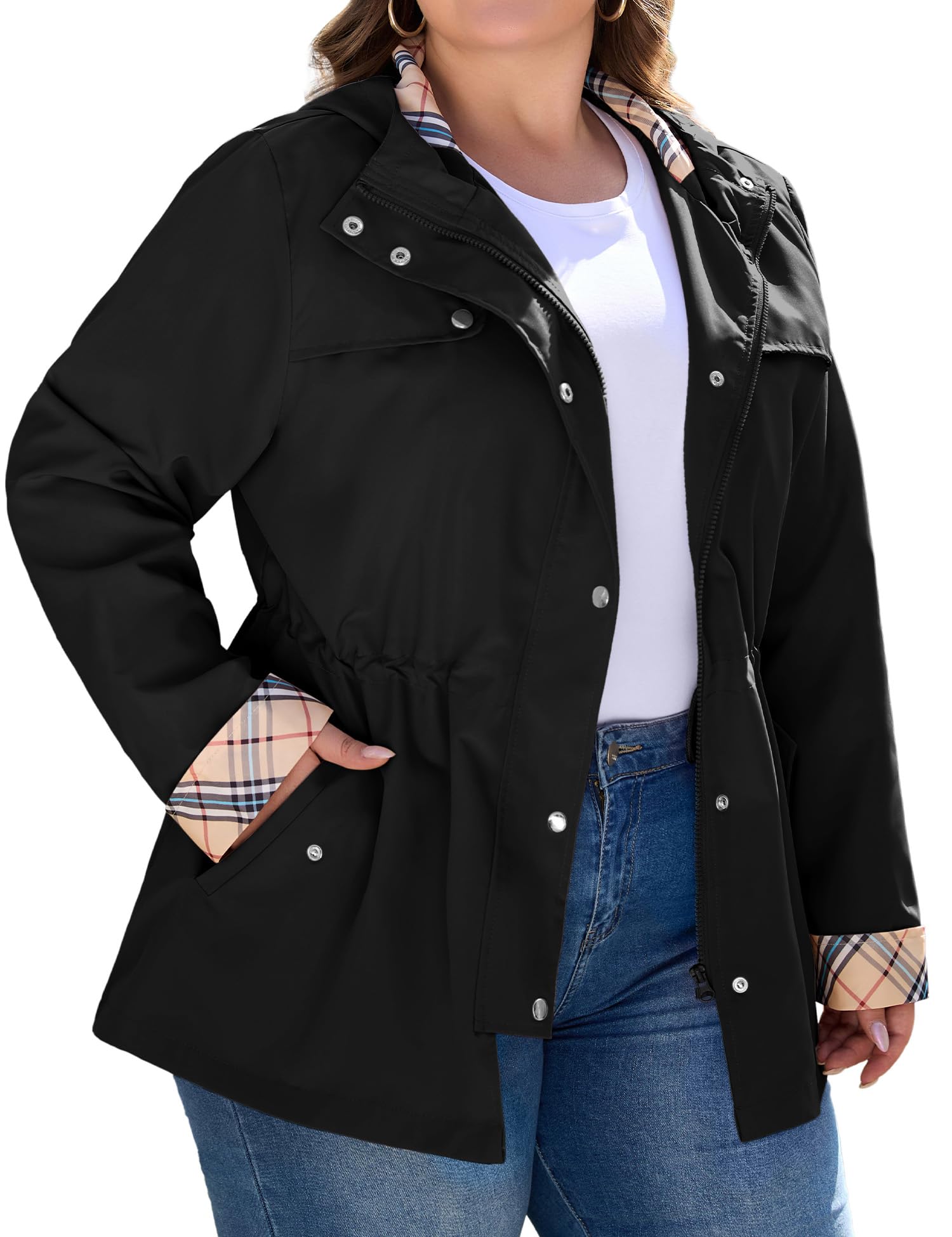 Bloggerlove Rain Jacket Women Plus Size Long Raincoat with Hood Waterproof Outdoor Trench Coat